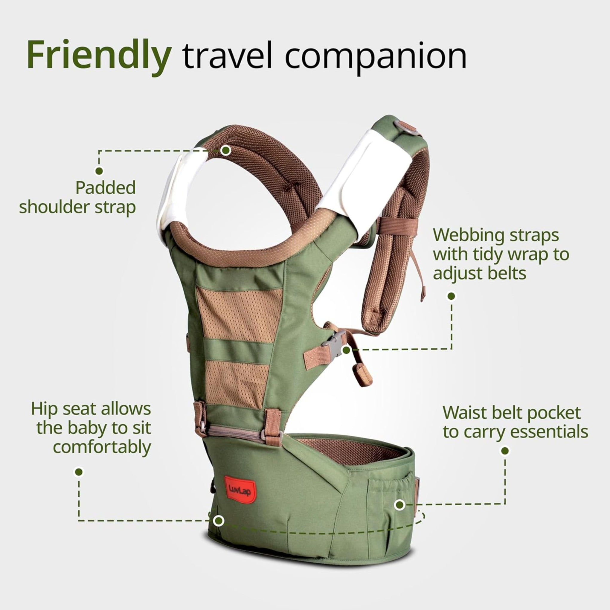 LuvLap Royal Hip Seat Baby Carrier with 4 Carry Positions, Baby Carrier with Hip seat for 6 to 24 Months Baby, Adjustable New-Born to Toddler Carrier, Max Weight Up to 15 Kgs (Green)