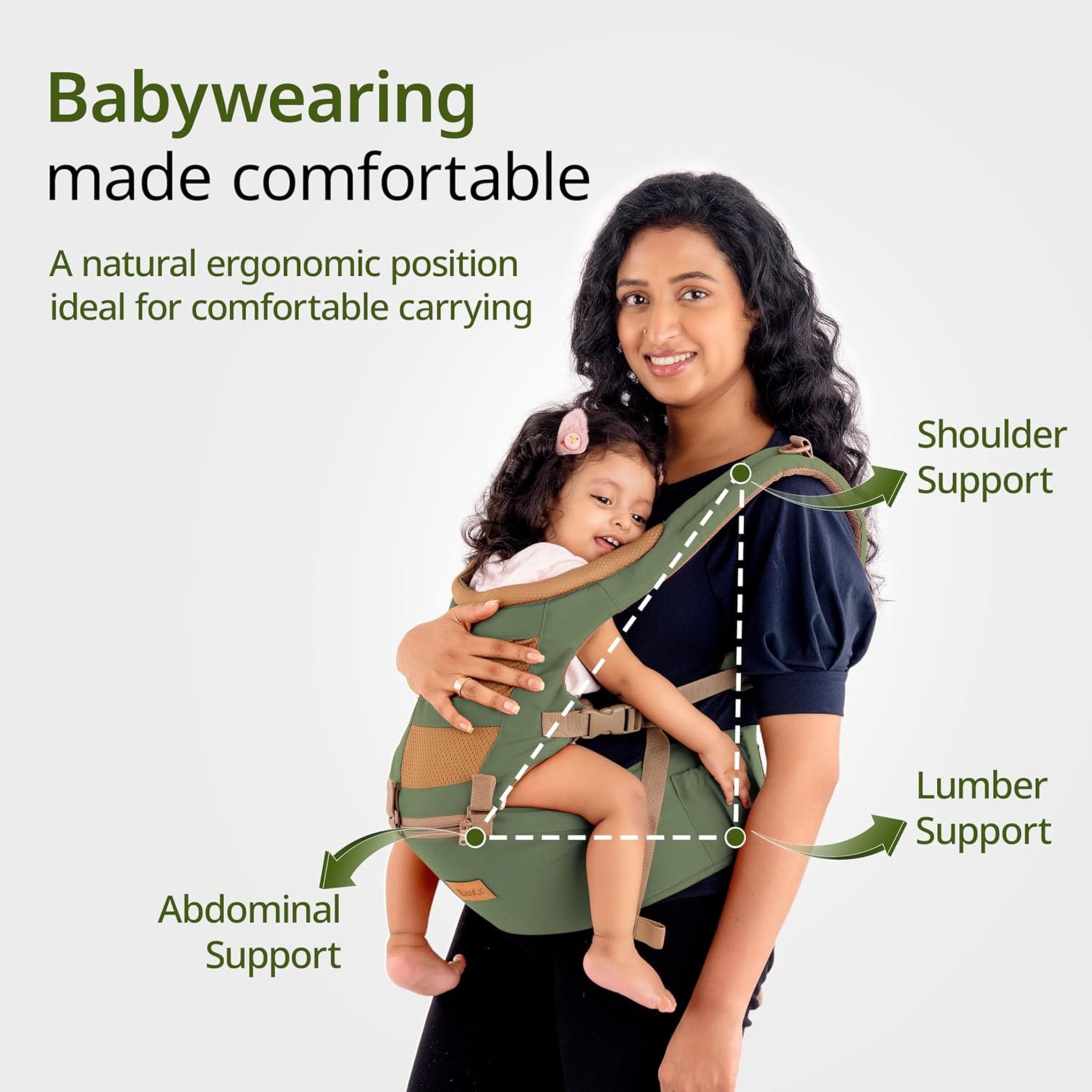 LuvLap Royal Hip Seat Baby Carrier with 4 Carry Positions, Baby Carrier with Hip seat for 6 to 24 Months Baby, Adjustable New-Born to Toddler Carrier, Max Weight Up to 15 Kgs (Green)