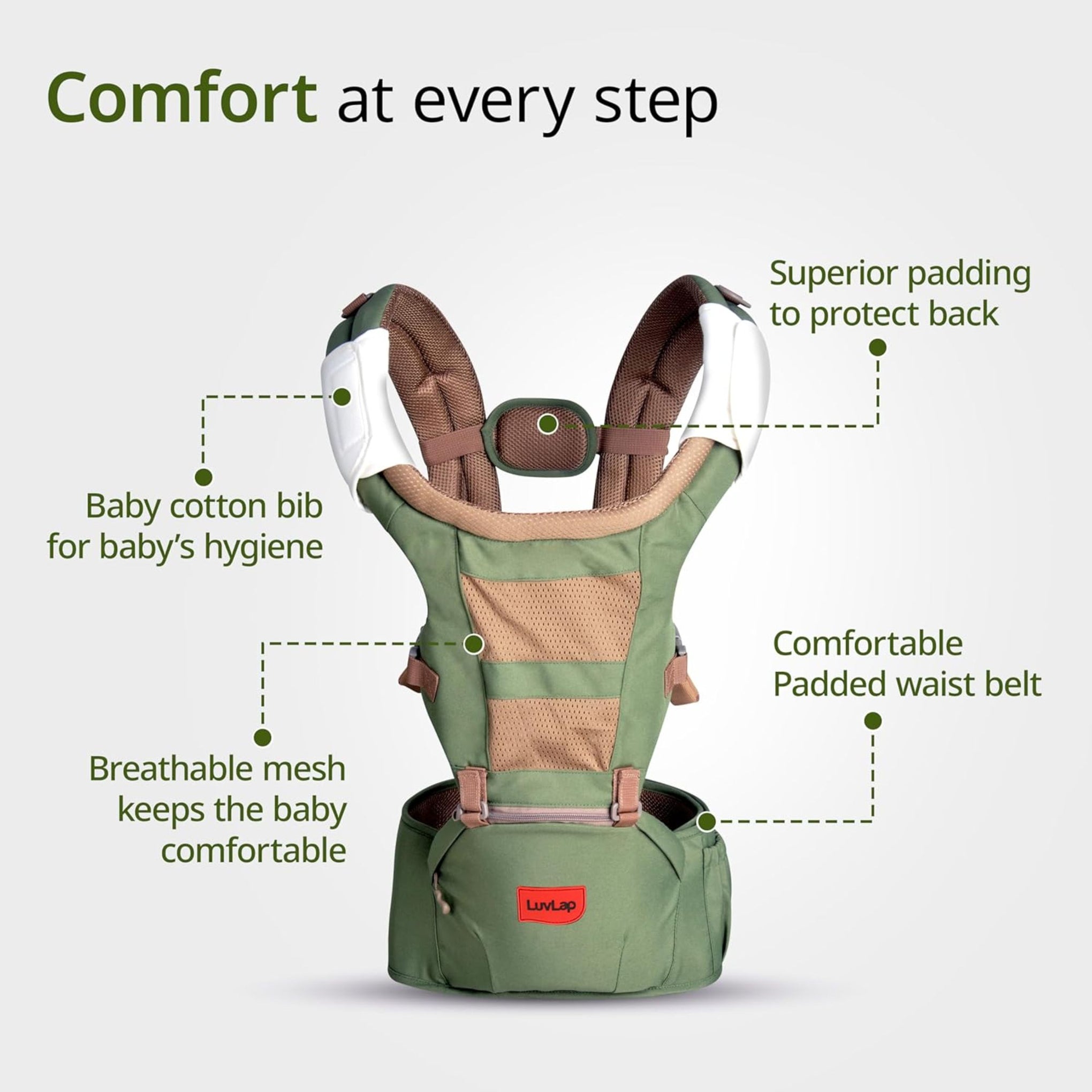 LuvLap Royal Hip Seat Baby Carrier with 4 Carry Positions, Baby Carrier with Hip seat for 6 to 24 Months Baby, Adjustable New-Born to Toddler Carrier, Max Weight Up to 15 Kgs (Green)