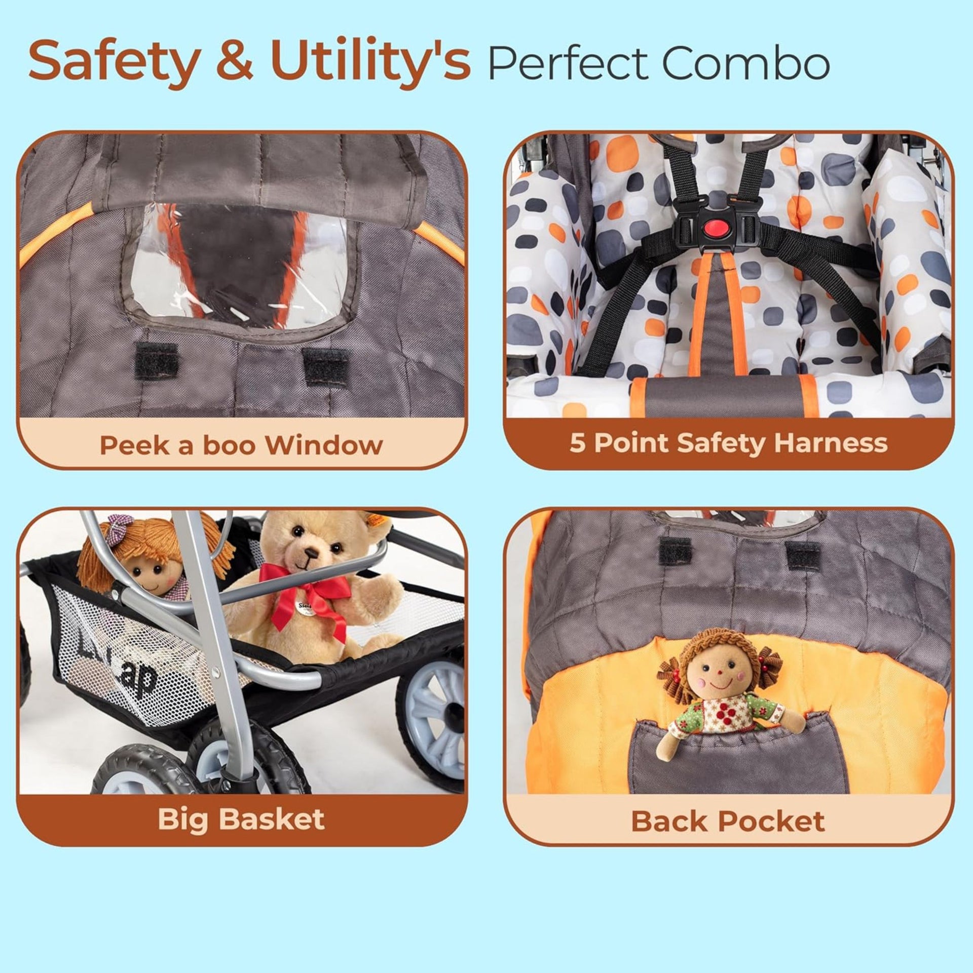 LuvLap Sunshine Baby Stroller/Pram for 0 to 3 Years, New Born/Toddler/Kid, 5 Point Safety Harness, Adjustable backrest, 360° Swivel Wheel, Large Storage Basket, Reversible Handlebar (Orange)