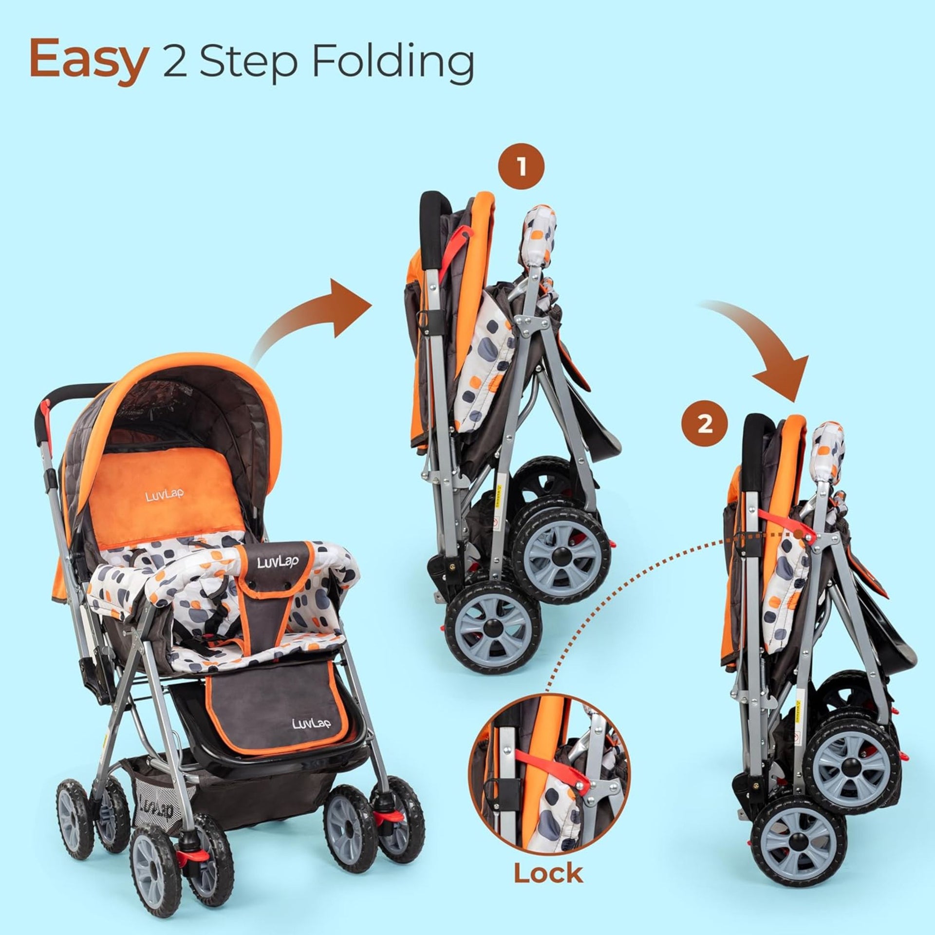 LuvLap Sunshine Baby Stroller/Pram for 0 to 3 Years, New Born/Toddler/Kid, 5 Point Safety Harness, Adjustable backrest, 360° Swivel Wheel, Large Storage Basket, Reversible Handlebar (Orange)