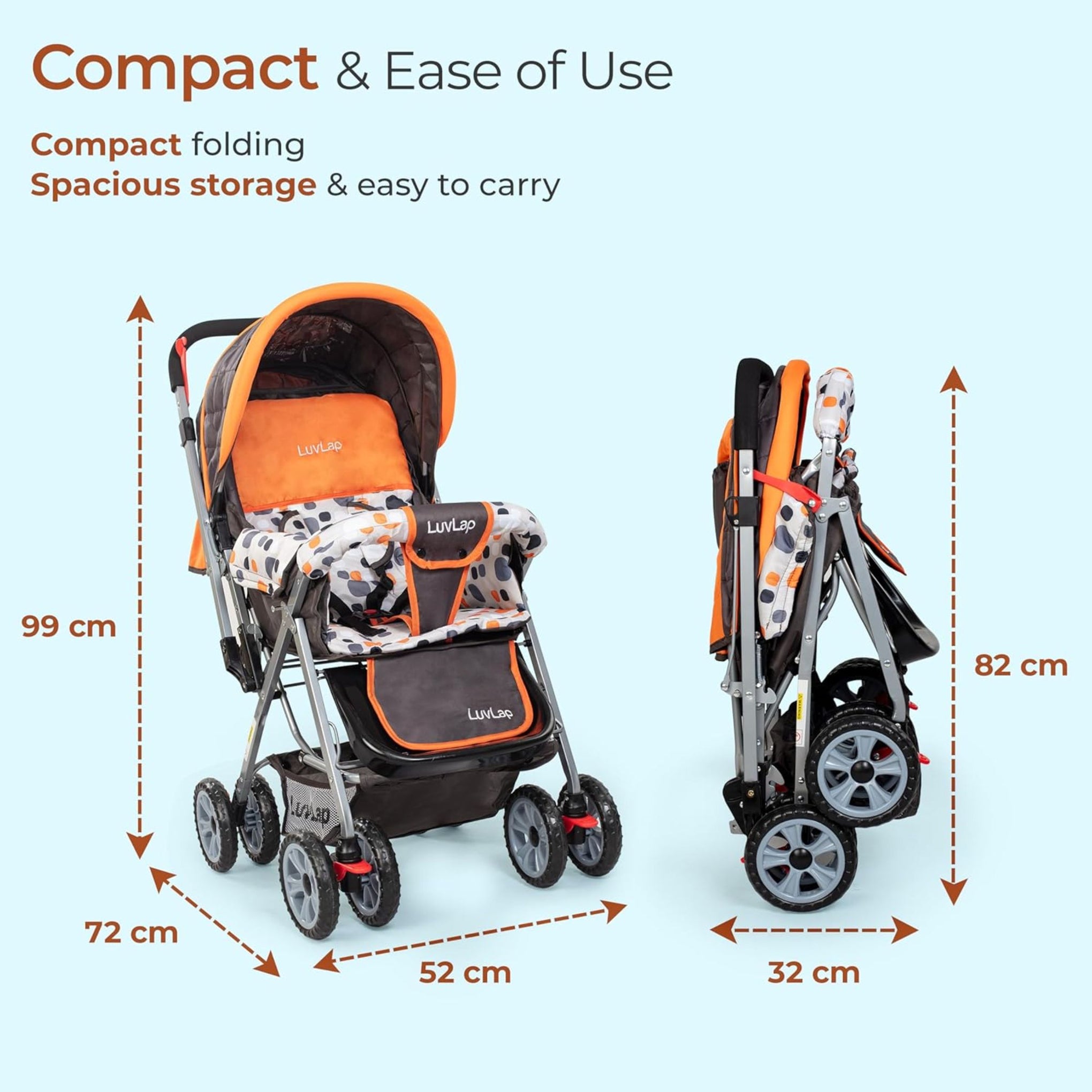 LuvLap Sunshine Baby Stroller/Pram for 0 to 3 Years, New Born/Toddler/Kid, 5 Point Safety Harness, Adjustable backrest, 360° Swivel Wheel, Large Storage Basket, Reversible Handlebar (Orange)