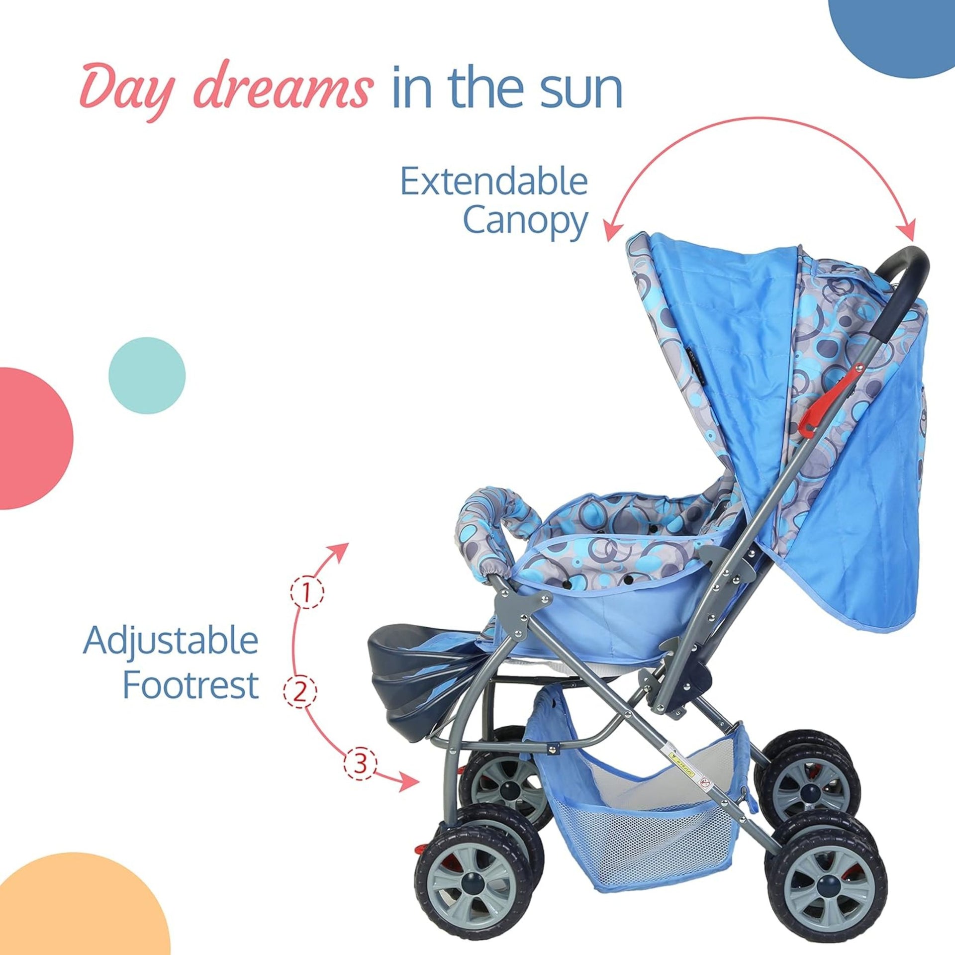 LuvLap Starshine Baby Stroller/Pram for 0 to 3 Years, New Born/Toddler/Kid, Lightweight, Adjustable backrest, 360° Swivel Wheel, Large Storage Basket, Reversible Handlebar (Sky Blue)