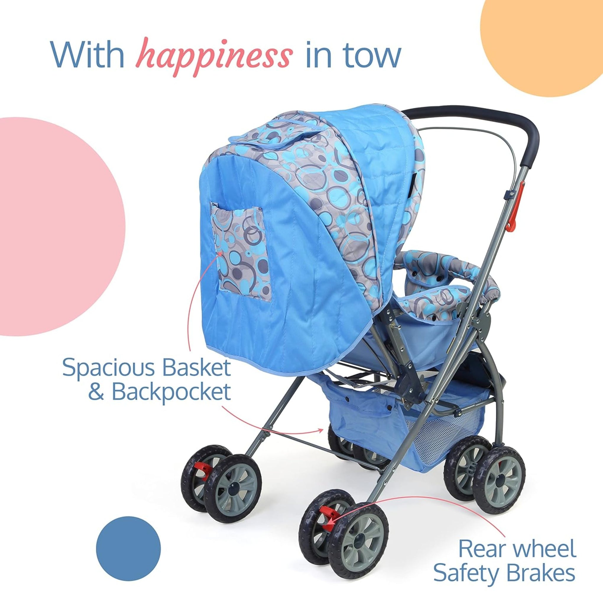 LuvLap Starshine Baby Stroller/Pram for 0 to 3 Years, New Born/Toddler/Kid, Lightweight, Adjustable backrest, 360° Swivel Wheel, Large Storage Basket, Reversible Handlebar (Sky Blue)