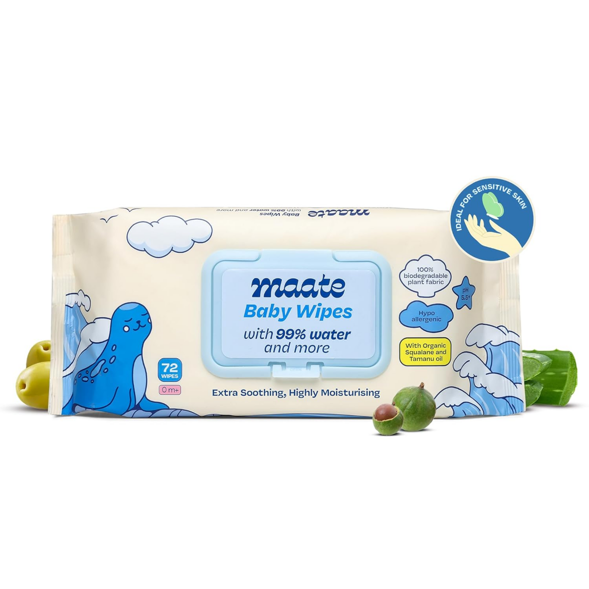 Maate Baby Wipes (72 Wipes) | Soothing & Hypoallergenic | Infused With Plant Squalane, Tamanu Oil & Aloe Vera | Moisturizing & Hydrating | Wipe for Baby's | Paraben & Sulphate Free