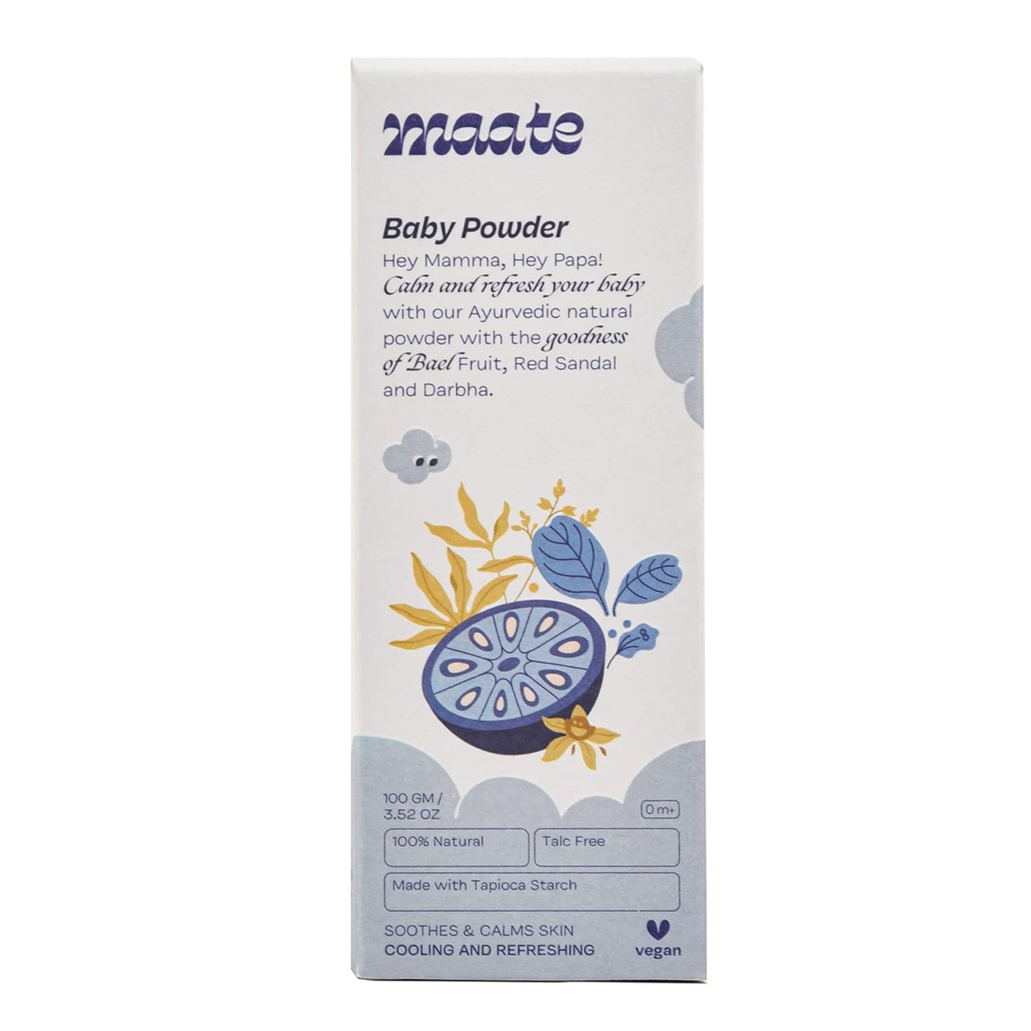 Maate Baby Powder (100 gm) | 100% Natural, Ayurvedic & Talc Free | Enriched with Bael, Darbha & Rose Petals | Dermatologically Approved | Baby...