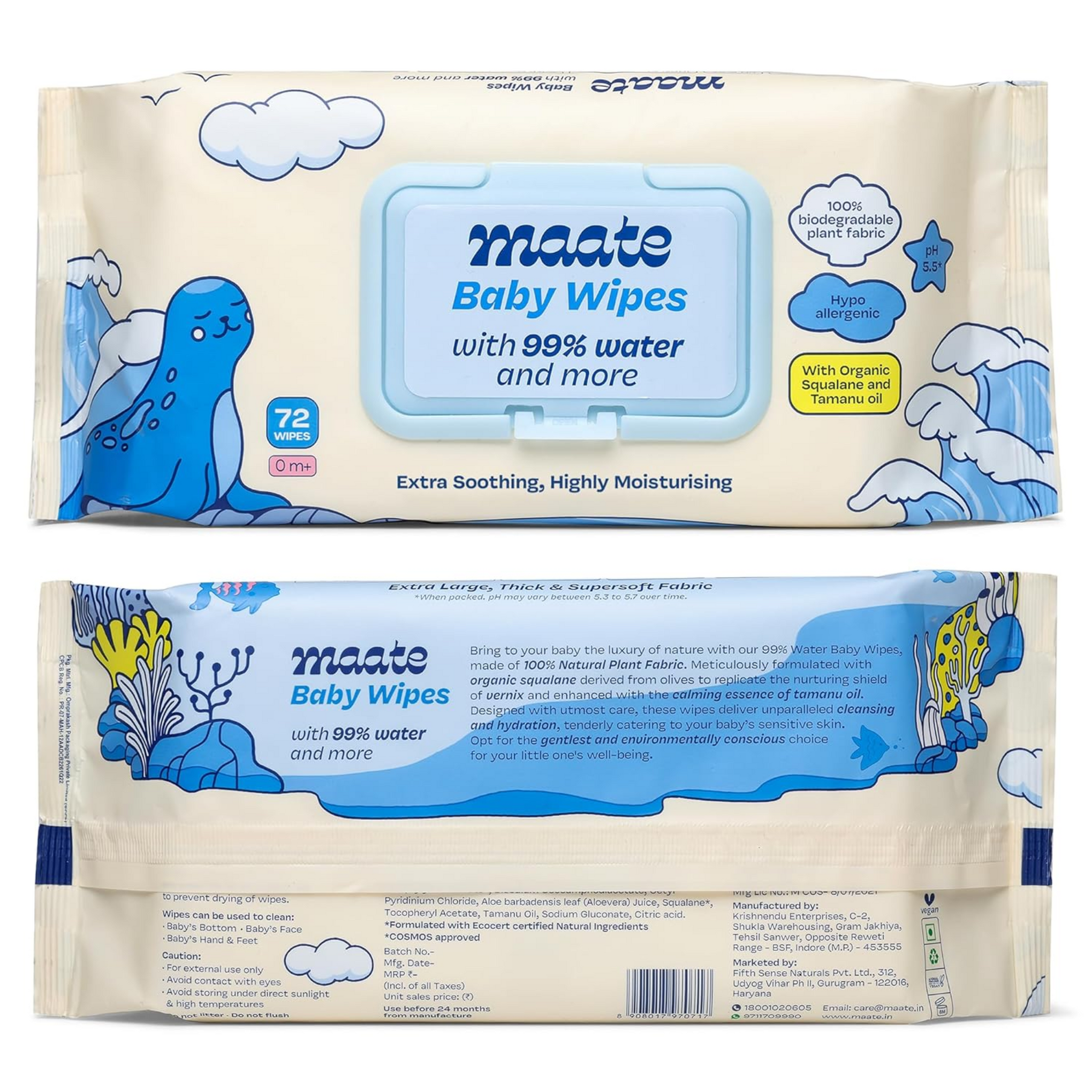 Maate Baby Wipes (72 Wipes) | Soothing & Hypoallergenic | Infused With Plant Squalane, Tamanu Oil & Aloe Vera | Moisturizing & Hydrating | Wipe for Baby's | Paraben & Sulphate Free