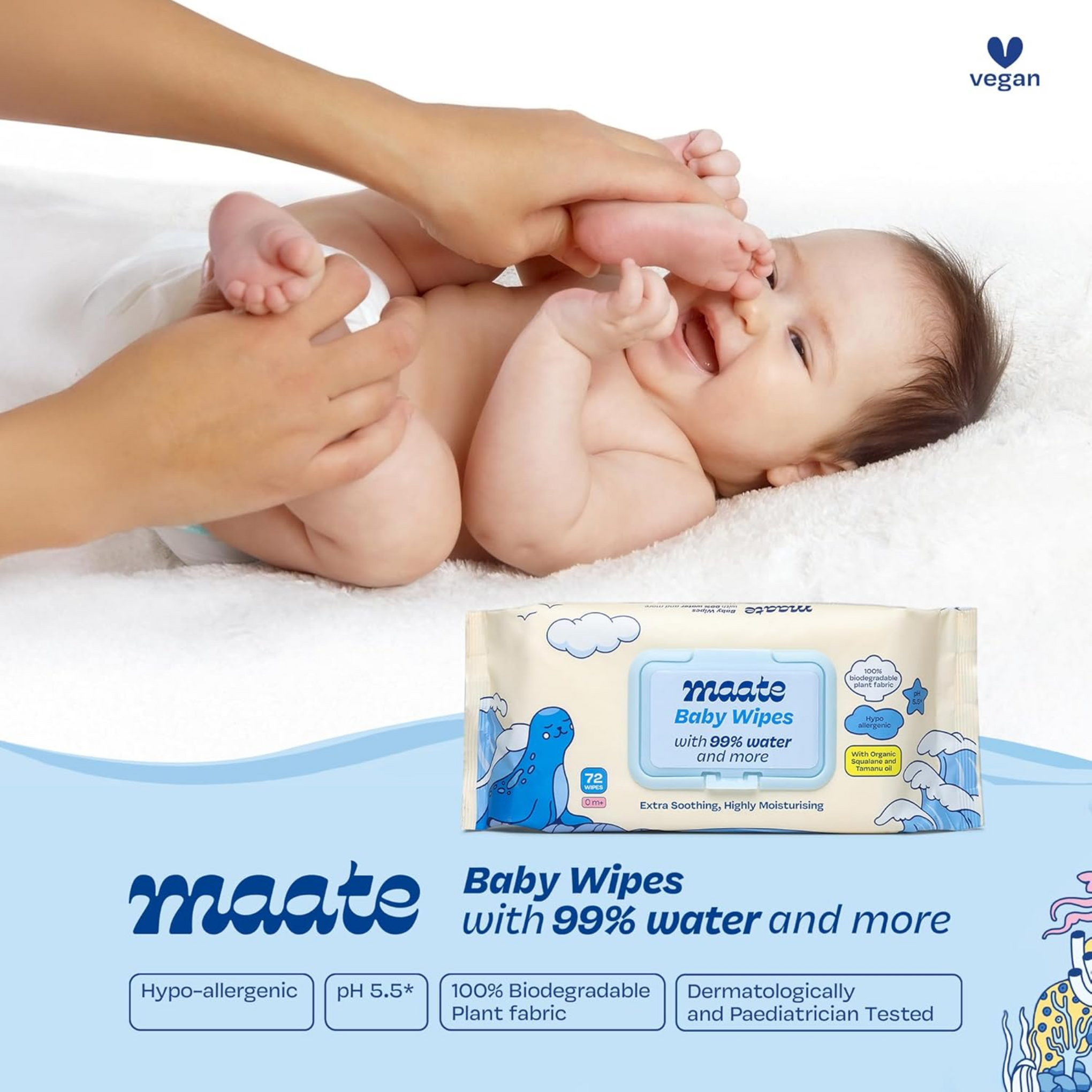 Maate Baby Wipes (72 Wipes) | Soothing & Hypoallergenic | Infused With Plant Squalane, Tamanu Oil & Aloe Vera | Moisturizing & Hydrating | Wipe for Baby's | Paraben & Sulphate Free