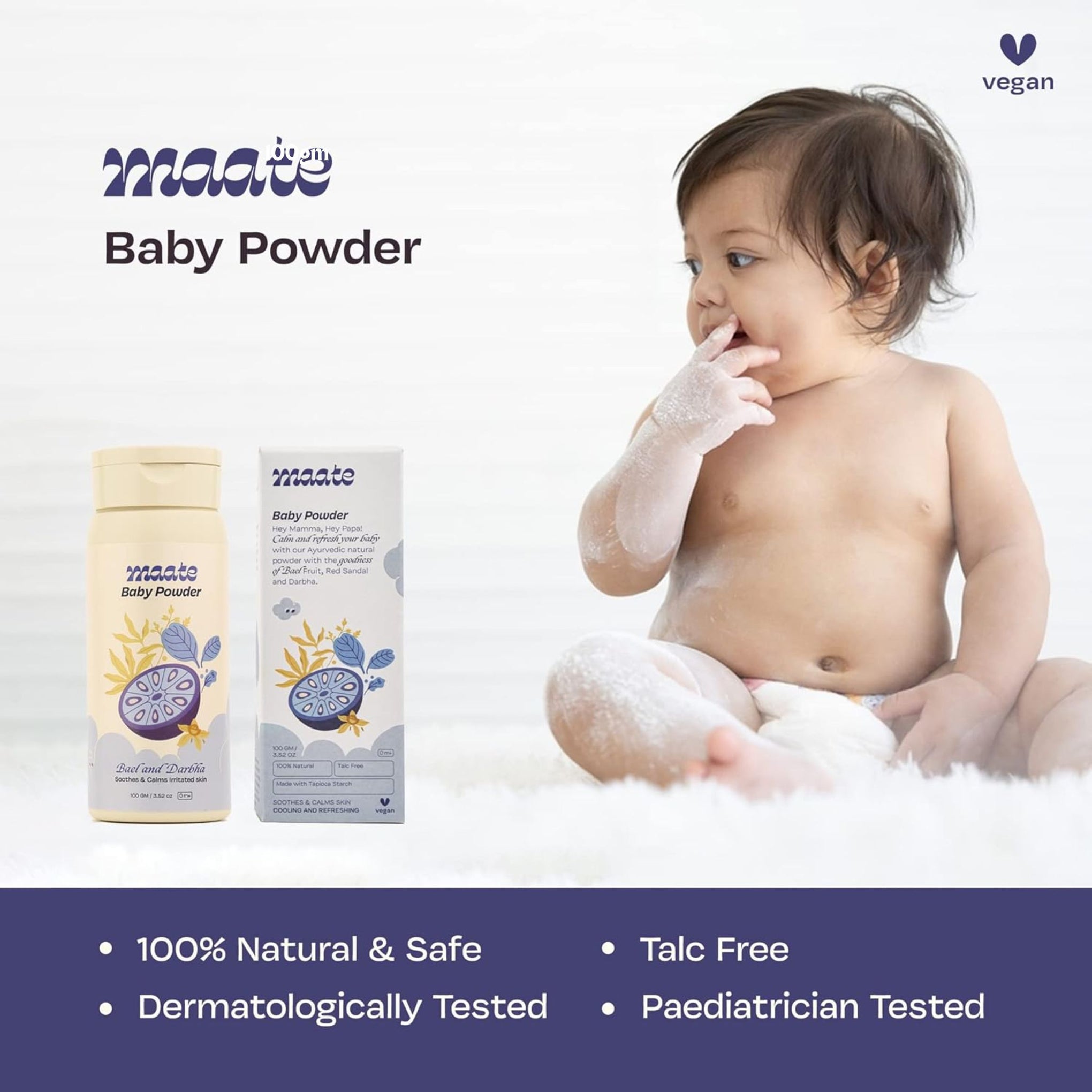 Maate Baby Powder (100 gm) | 100% Natural, Ayurvedic & Talc Free | Enriched with Bael, Darbha & Rose Petals | Dermatologically Approved | Baby...