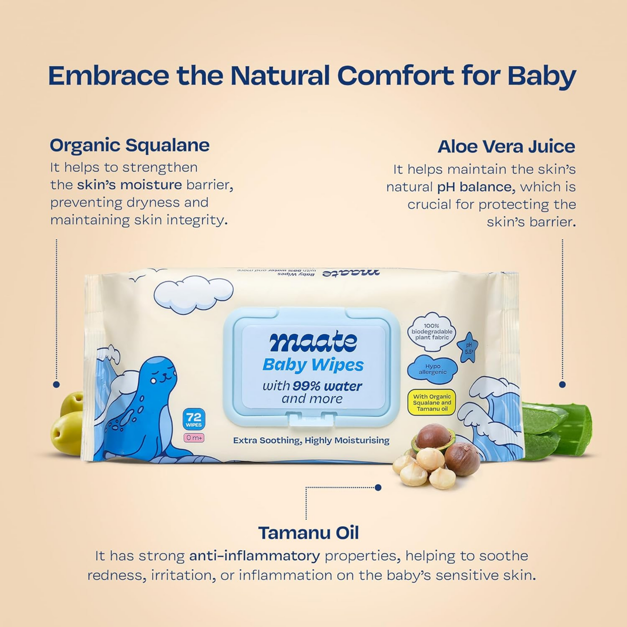 Maate Baby Wipes (72 Wipes) | Soothing & Hypoallergenic | Infused With Plant Squalane, Tamanu Oil & Aloe Vera | Moisturizing & Hydrating | Wipe for Baby's | Paraben & Sulphate Free