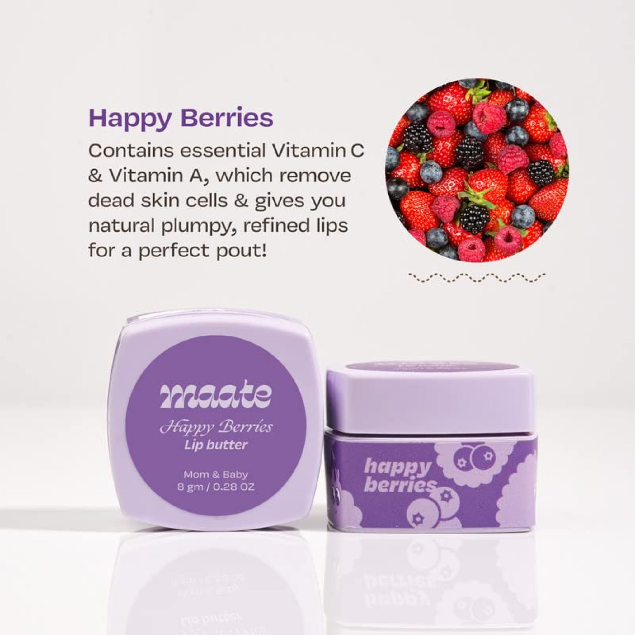 Maate Happy Berries Mom & Baby Lip Butter (8gm)| | Enriched with Blueberry, Strawberry & Vitamin E | For Soft & Smooth Lips | 100% Natural | Lip Balm For Women & Baby