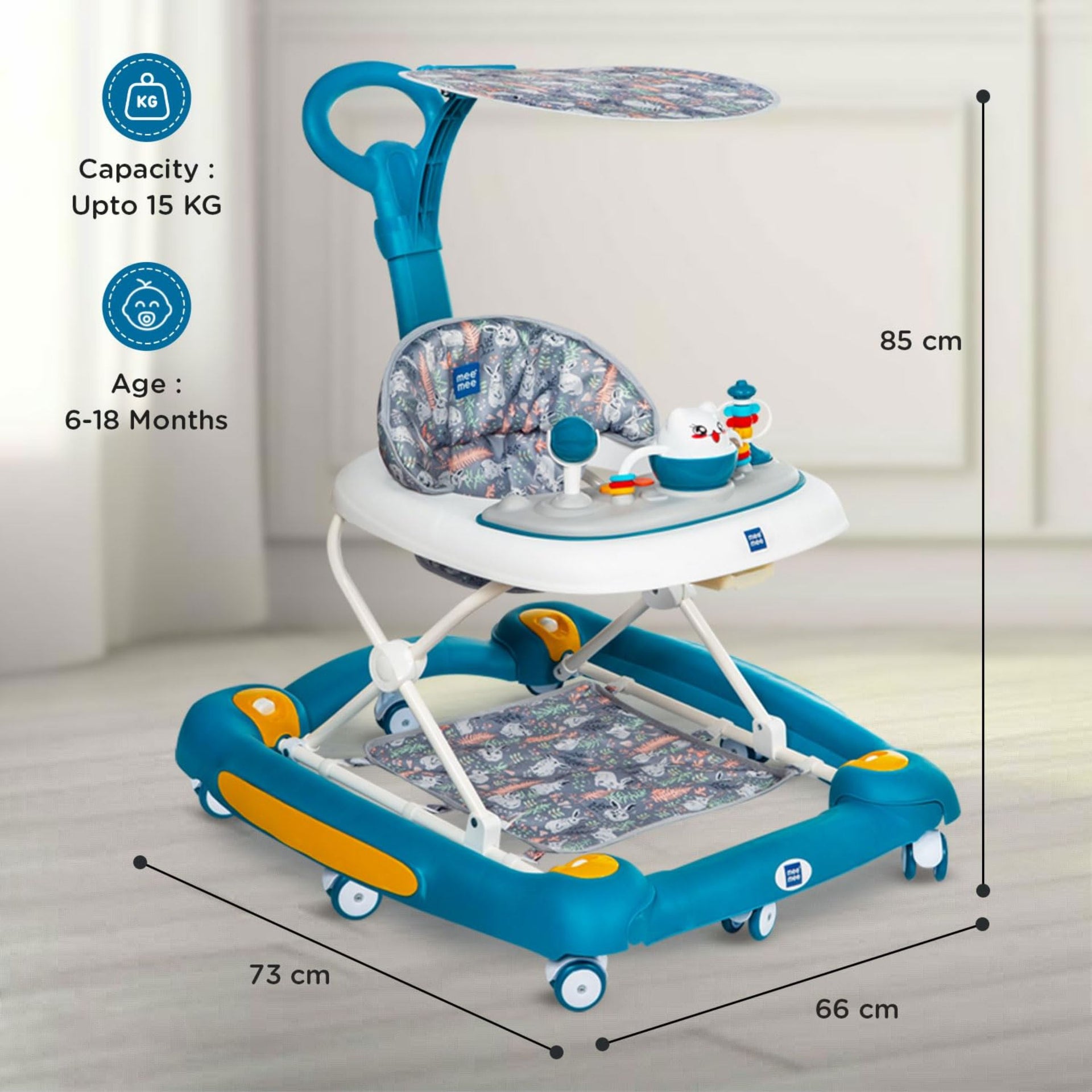 Mee Mee Baby 2 in 1 Walker & Rocker | 3 Level Adjustable Height, Light, Rattle & Musical Toys | Anti-Rollover Folding 360° Walker for Boys, Girls, Kids | Anti Fall, Anti Skid | 6-24 Months (Blue)