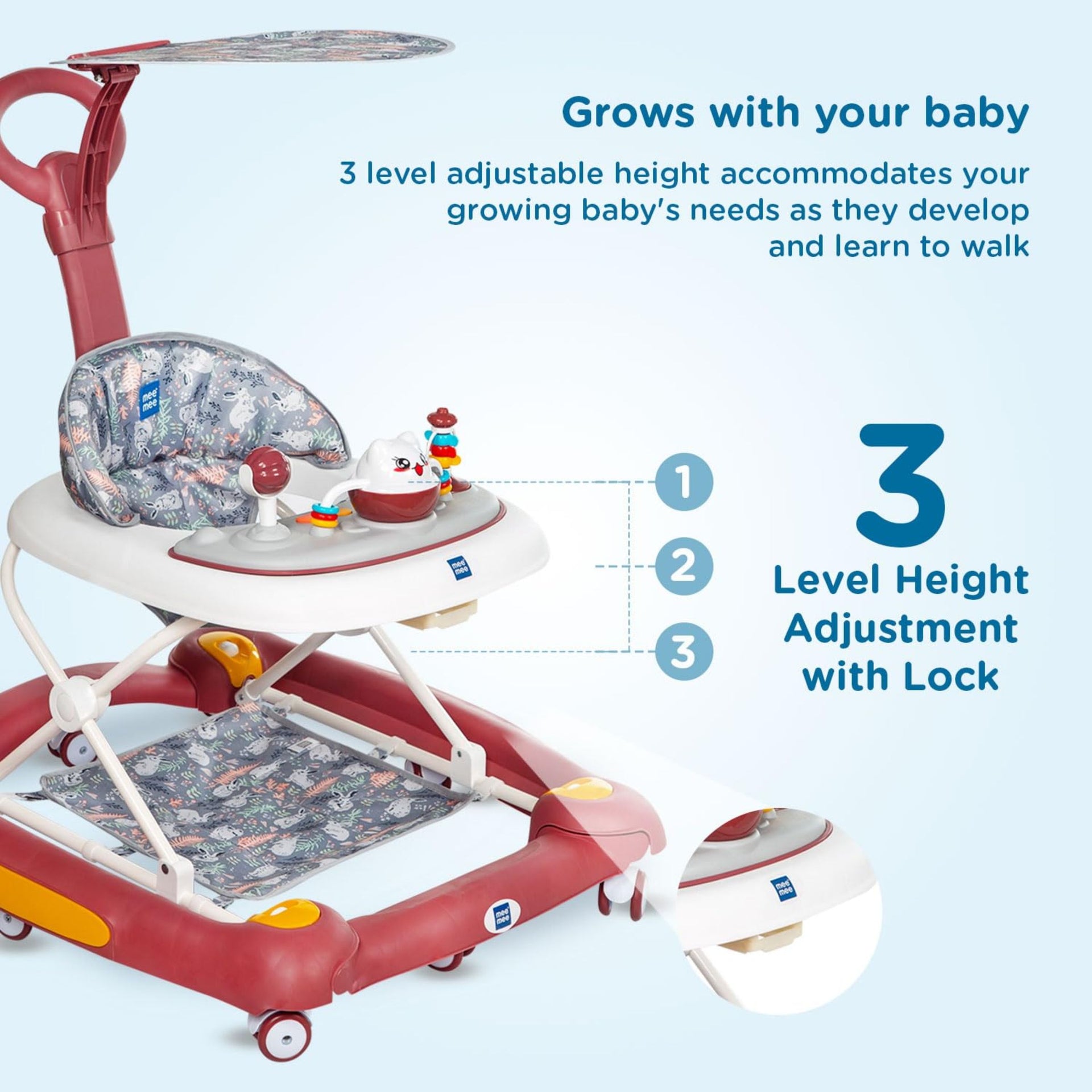 Mee Mee 2-in-1 Baby Walker & Rocker with Parental Push Handle, 3 Level Height Adjustable with Light & Musical Toys, 360° Rotating Wheels, Cushioned Walker for Baby 6-18 Months, (Red)