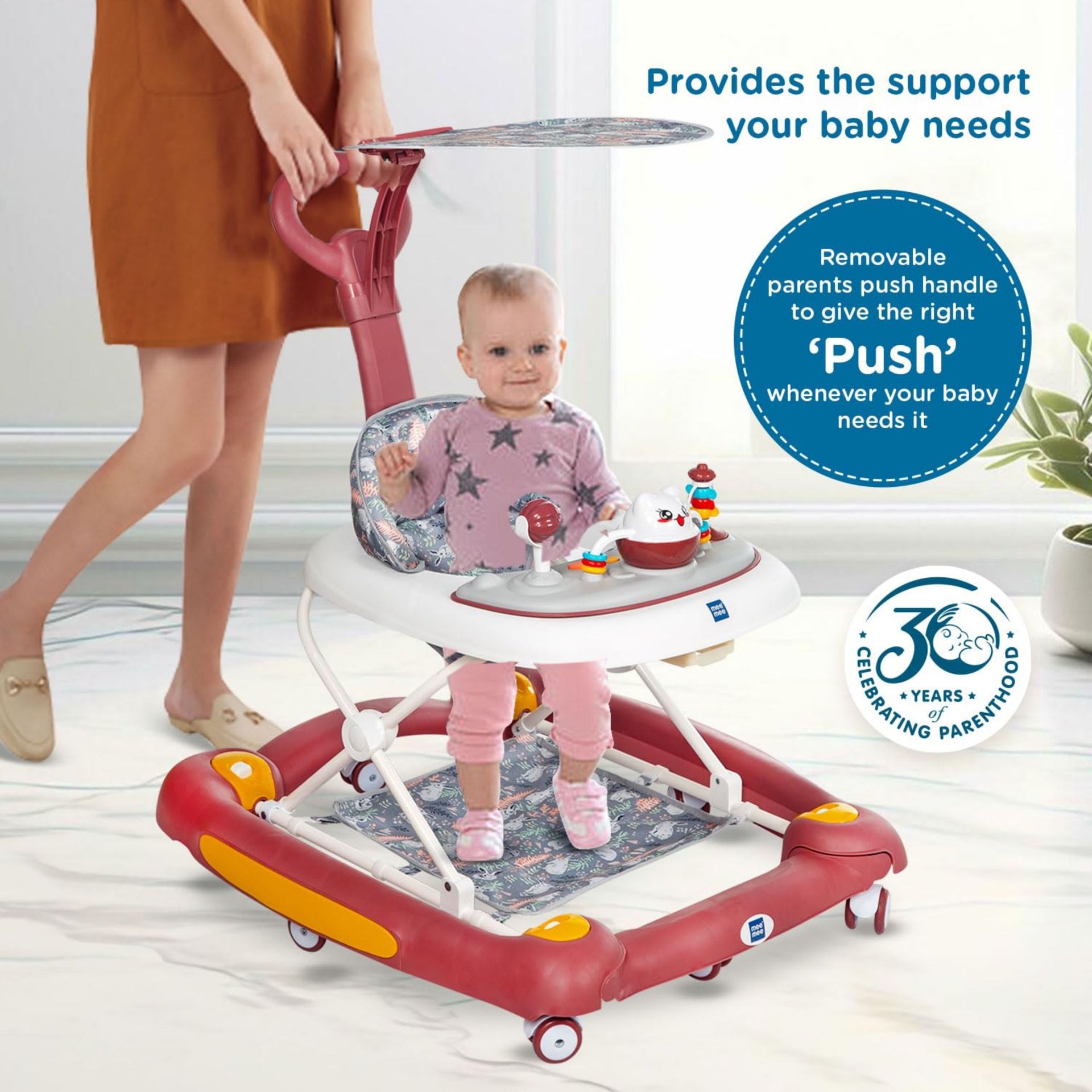 Mee Mee 2-in-1 Baby Walker & Rocker with Parental Push Handle, 3 Level Height Adjustable with Light & Musical Toys, 360° Rotating Wheels, Cushioned Walker for Baby 6-18 Months, (Red)