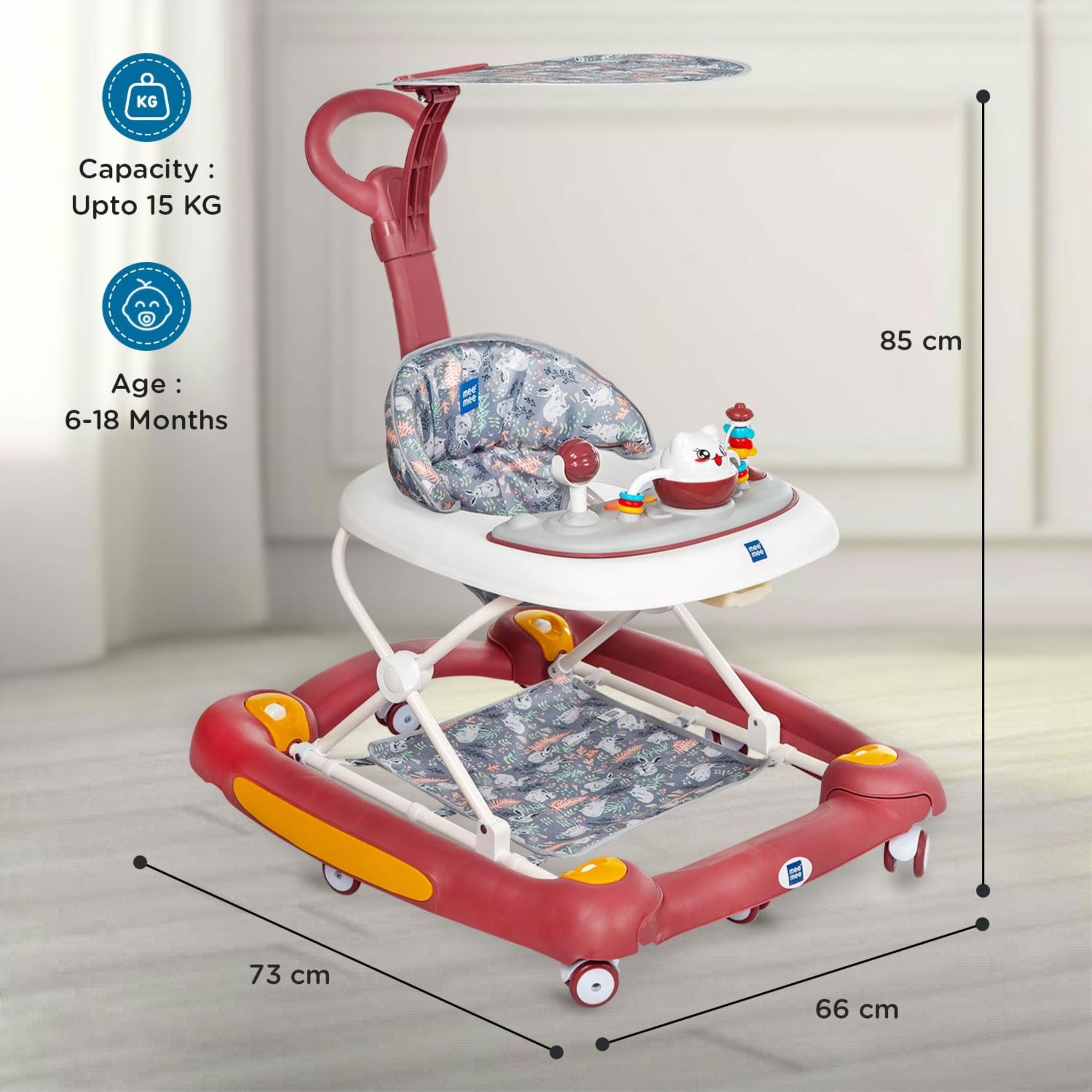 Mee Mee 2-in-1 Baby Walker & Rocker with Parental Push Handle, 3 Level Height Adjustable with Light & Musical Toys, 360° Rotating Wheels, Cushioned Walker for Baby 6-18 Months, (Red)