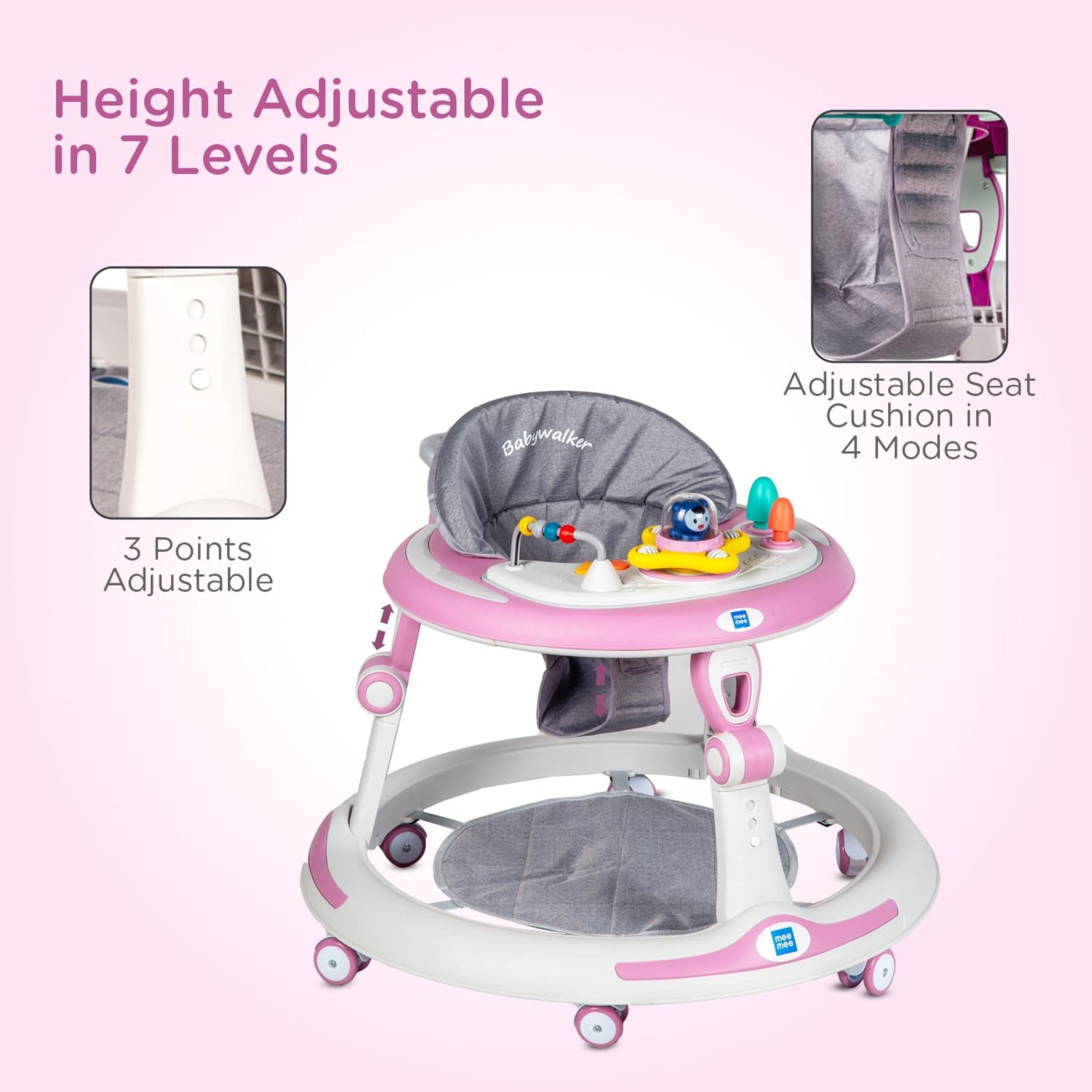 Mee Mee Baby Activity Walker for 6-18 Months | 7 Level Adjustable Height, 360° Wheels, Cushioned with Detachable Musical Toy Bar | Parental Push Handle, Anti-Rollover Folding Walker Upto 15kg (Pink)