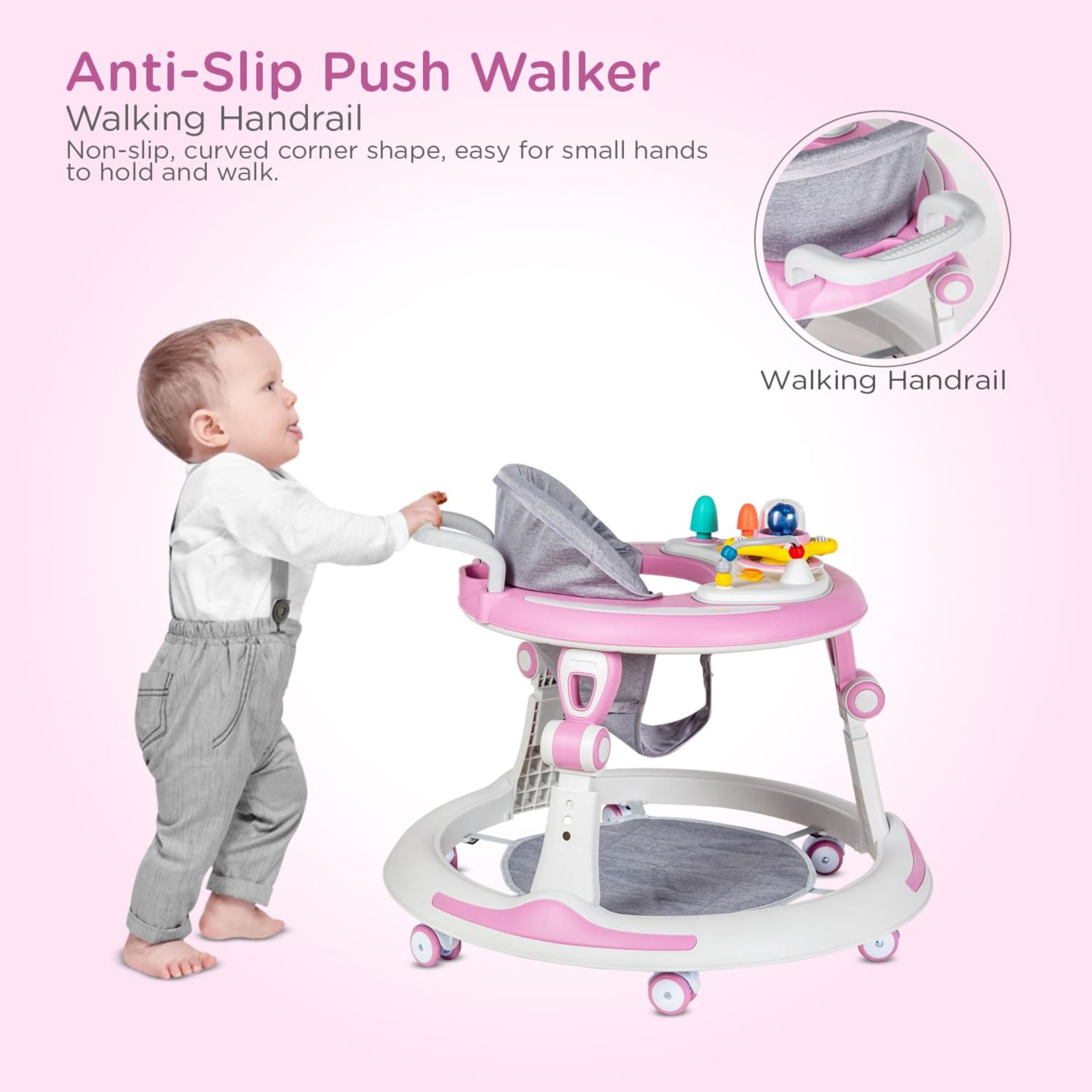 Mee Mee Baby Activity Walker for 6-18 Months | 7 Level Adjustable Height, 360° Wheels, Cushioned with Detachable Musical Toy Bar | Parental Push Handle, Anti-Rollover Folding Walker Upto 15kg (Pink)