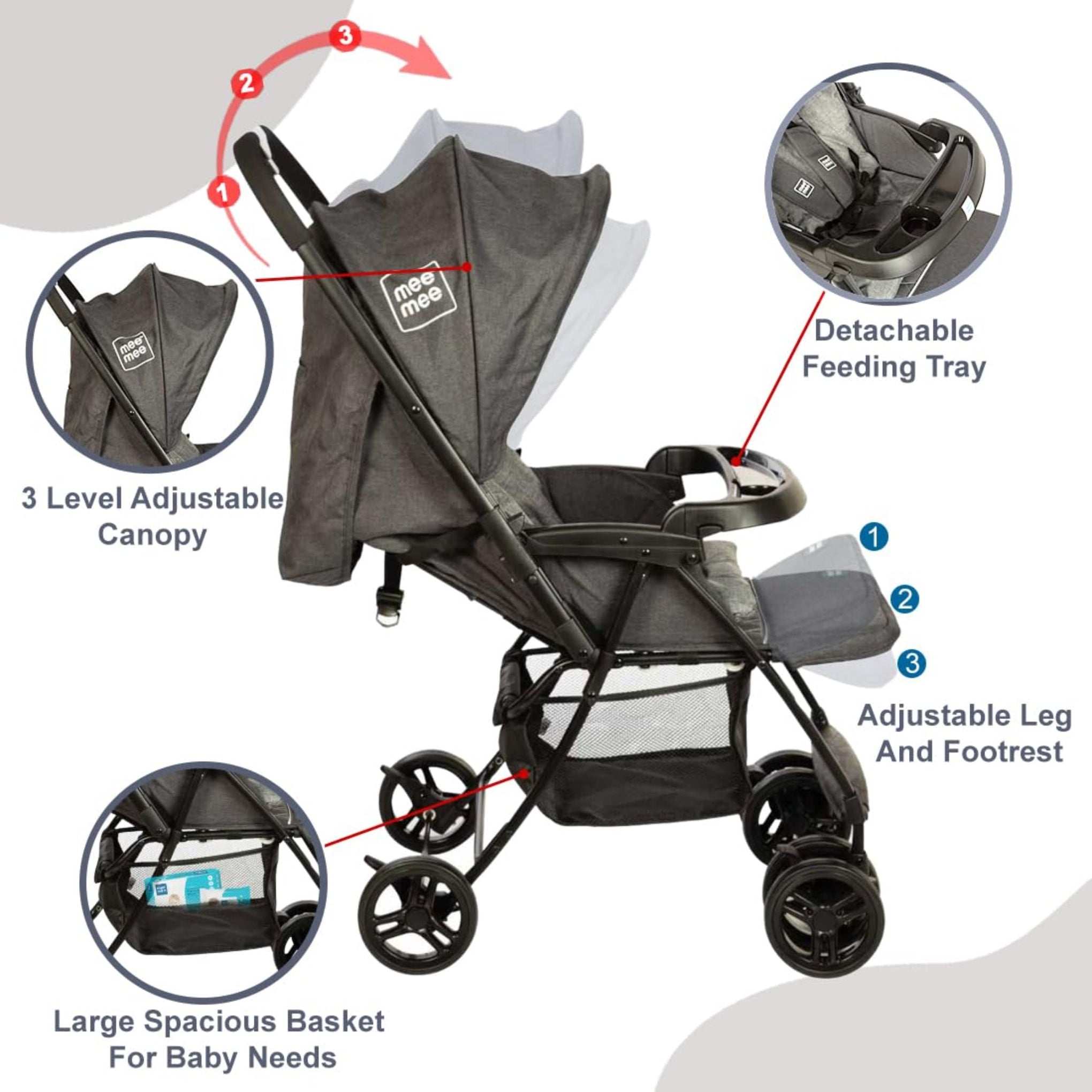 Mee Mee Easy to Push Baby Stroller Pram with Quick One Hand Folding | Comfortable Seating | Fully Rotating Wheels | Feeding Tray for New Born Baby/Kids, 0-4 Years, Grey, (MM-50 N)