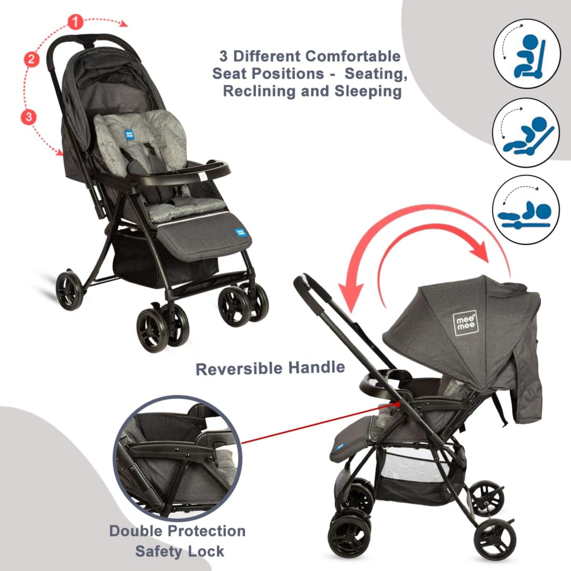 Mee Mee Easy to Push Baby Stroller Pram with Quick One Hand Folding | Comfortable Seating | Fully Rotating Wheels | Feeding Tray for New Born Baby/Kids, 0-4 Years, Grey, (MM-50 N)