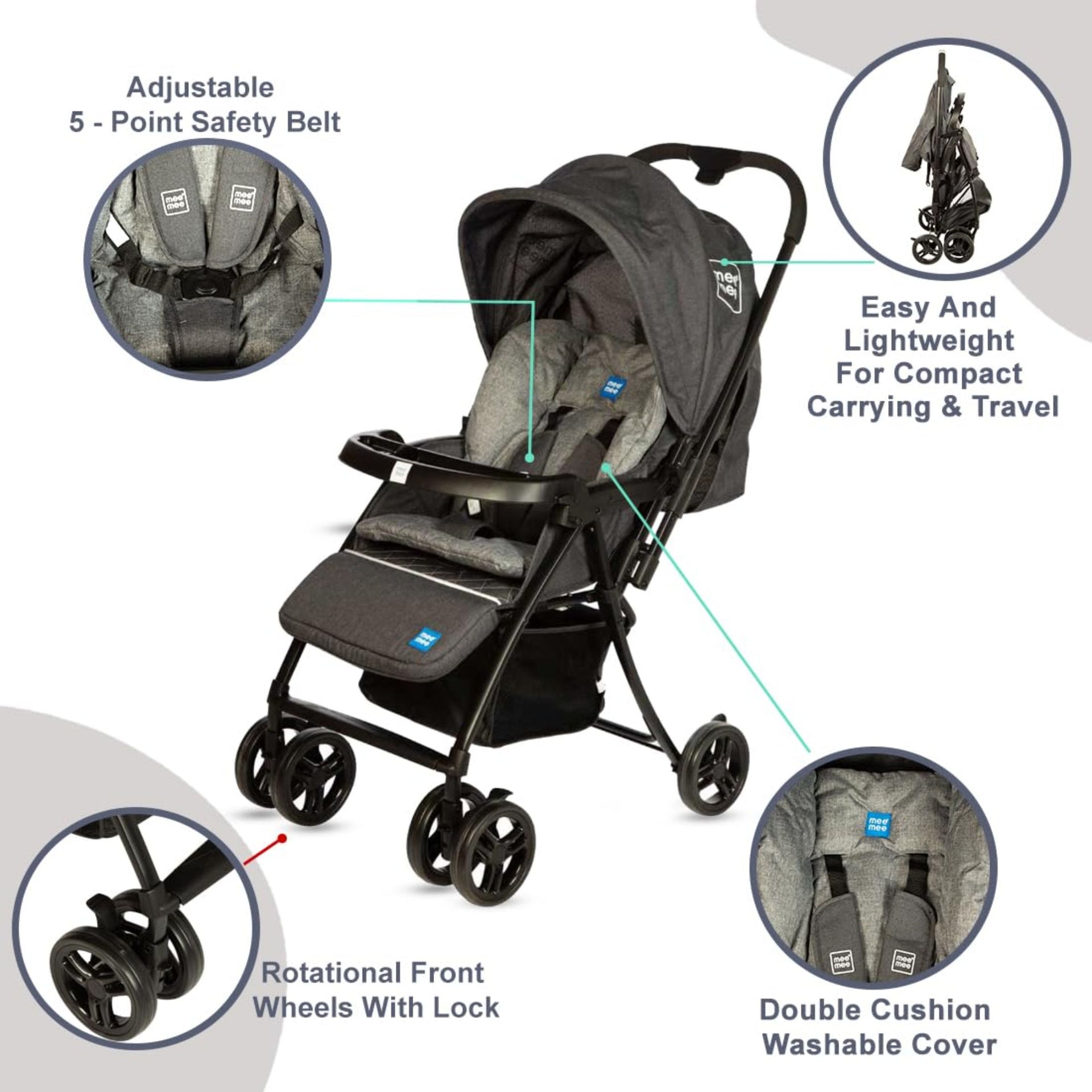 Mee Mee Easy to Push Baby Stroller Pram with Quick One Hand Folding | Comfortable Seating | Fully Rotating Wheels | Feeding Tray for New Born Baby/Kids, 0-4 Years, Grey, (MM-50 N)