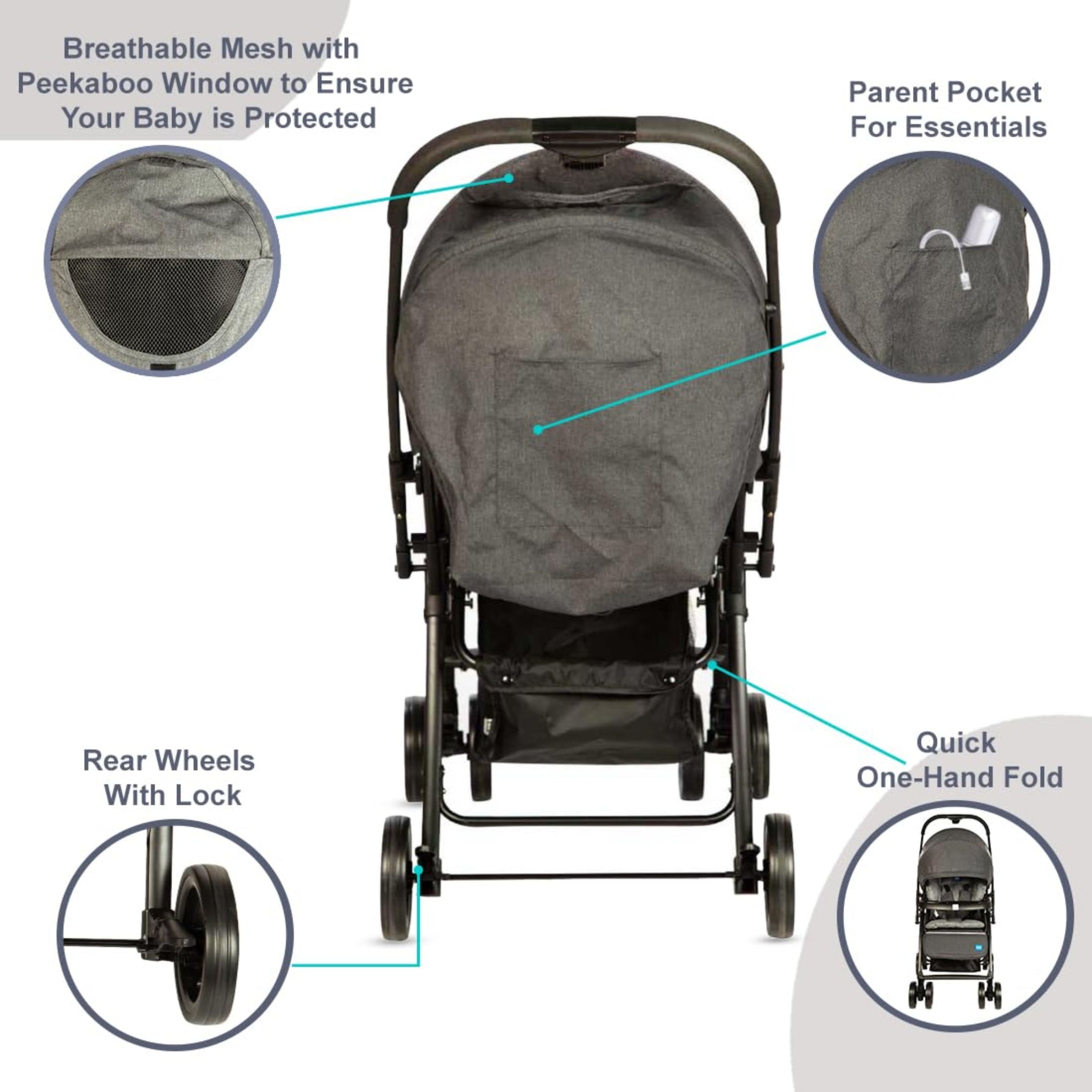 Mee Mee Easy to Push Baby Stroller Pram with Quick One Hand Folding | Comfortable Seating | Fully Rotating Wheels | Feeding Tray for New Born Baby/Kids, 0-4 Years, Grey, (MM-50 N)