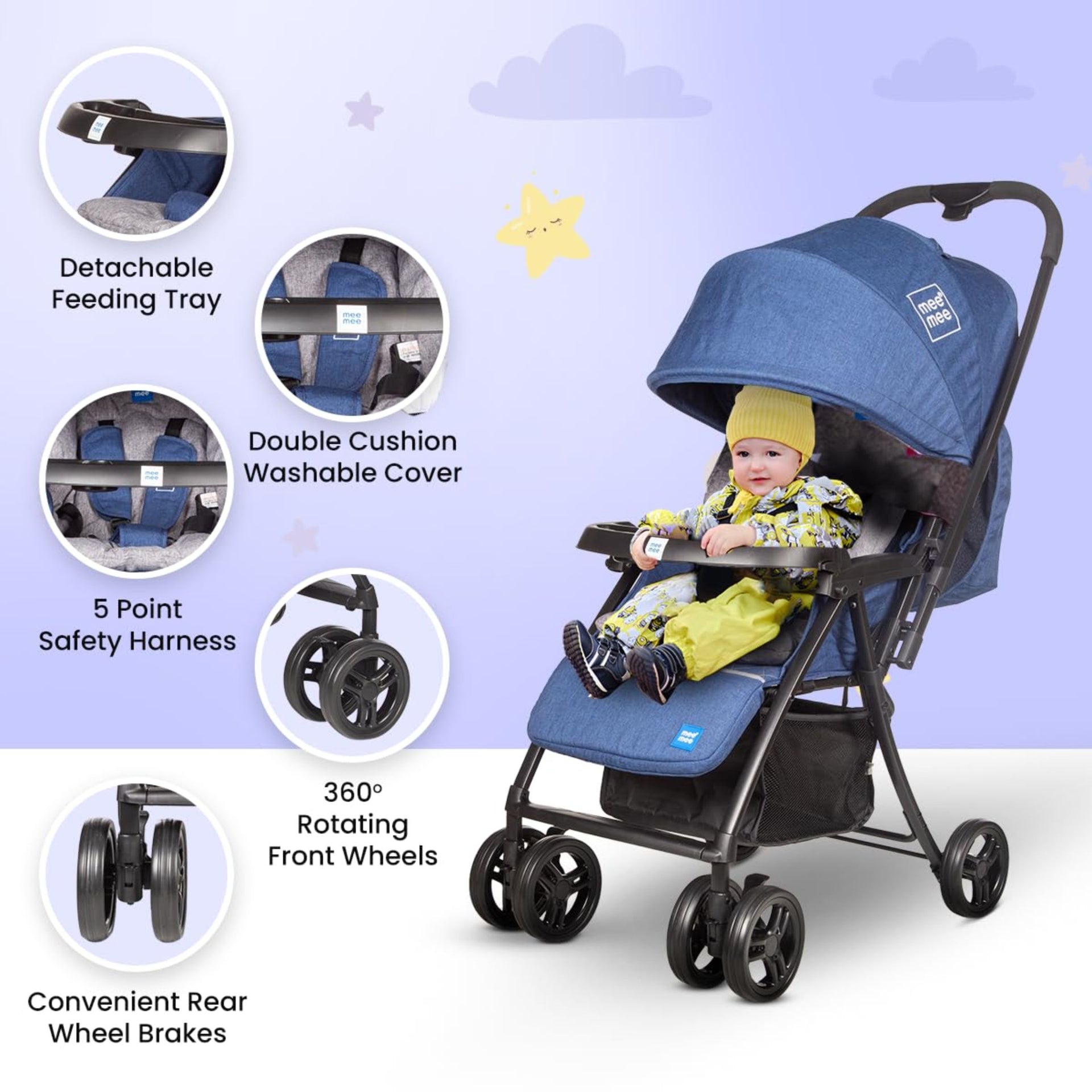 Mee Mee Easy to Push Baby Stroller Pram with Quick One Hand Folding | Comfortable Seating | Fully Rotating Wheels | Feeding Tray for New Born Baby/Kids, 0-4 Years, Navy Blue