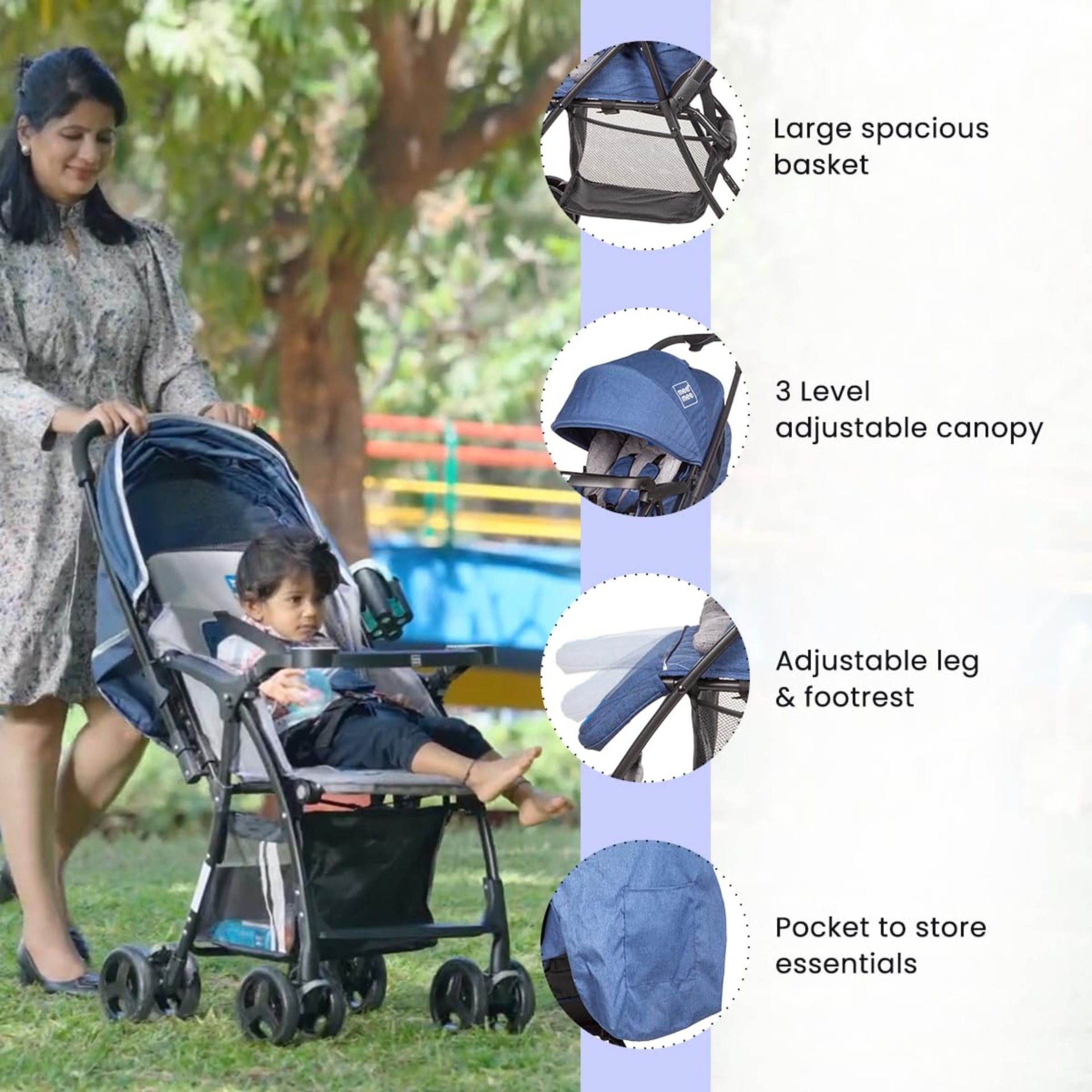 Mee Mee Easy to Push Baby Stroller Pram with Quick One Hand Folding | Comfortable Seating | Fully Rotating Wheels | Feeding Tray for New Born Baby/Kids, 0-4 Years, Navy Blue