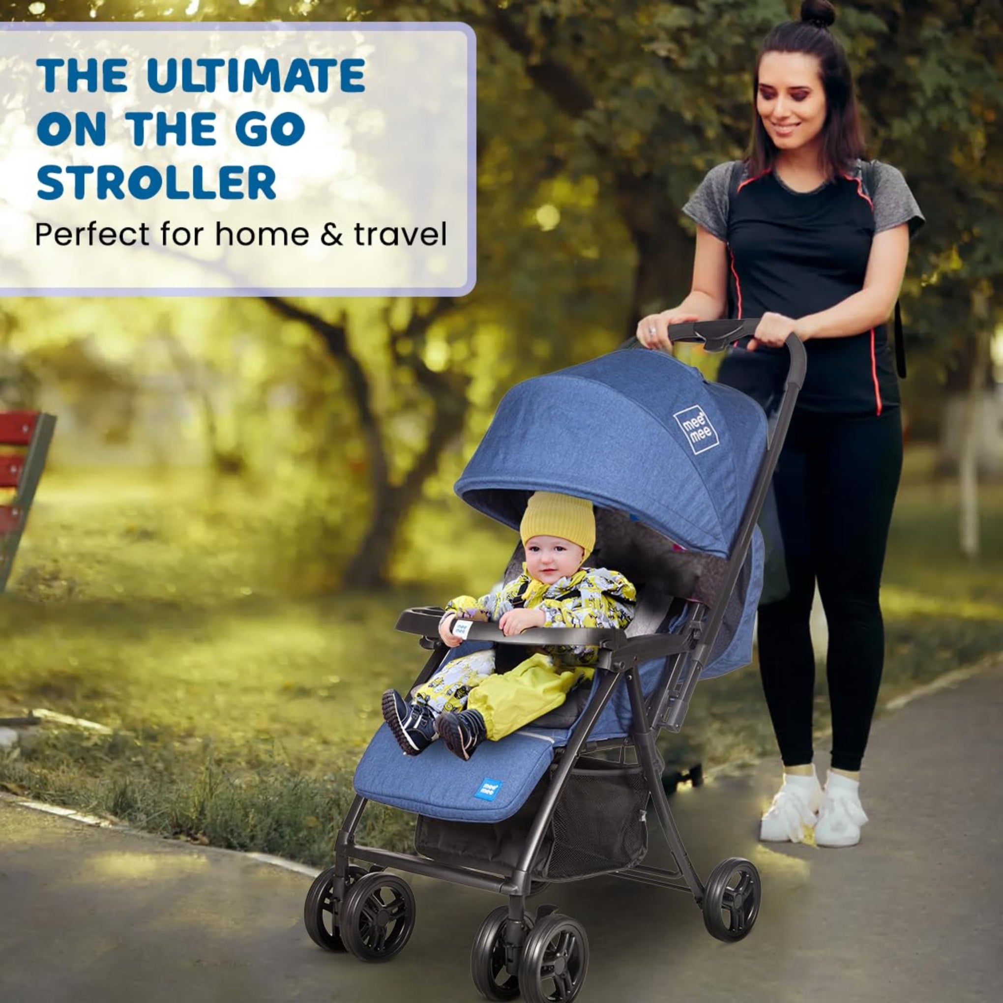 Mee Mee Easy to Push Baby Stroller Pram with Quick One Hand Folding | Comfortable Seating | Fully Rotating Wheels | Feeding Tray for New Born Baby/Kids, 0-4 Years, Navy Blue