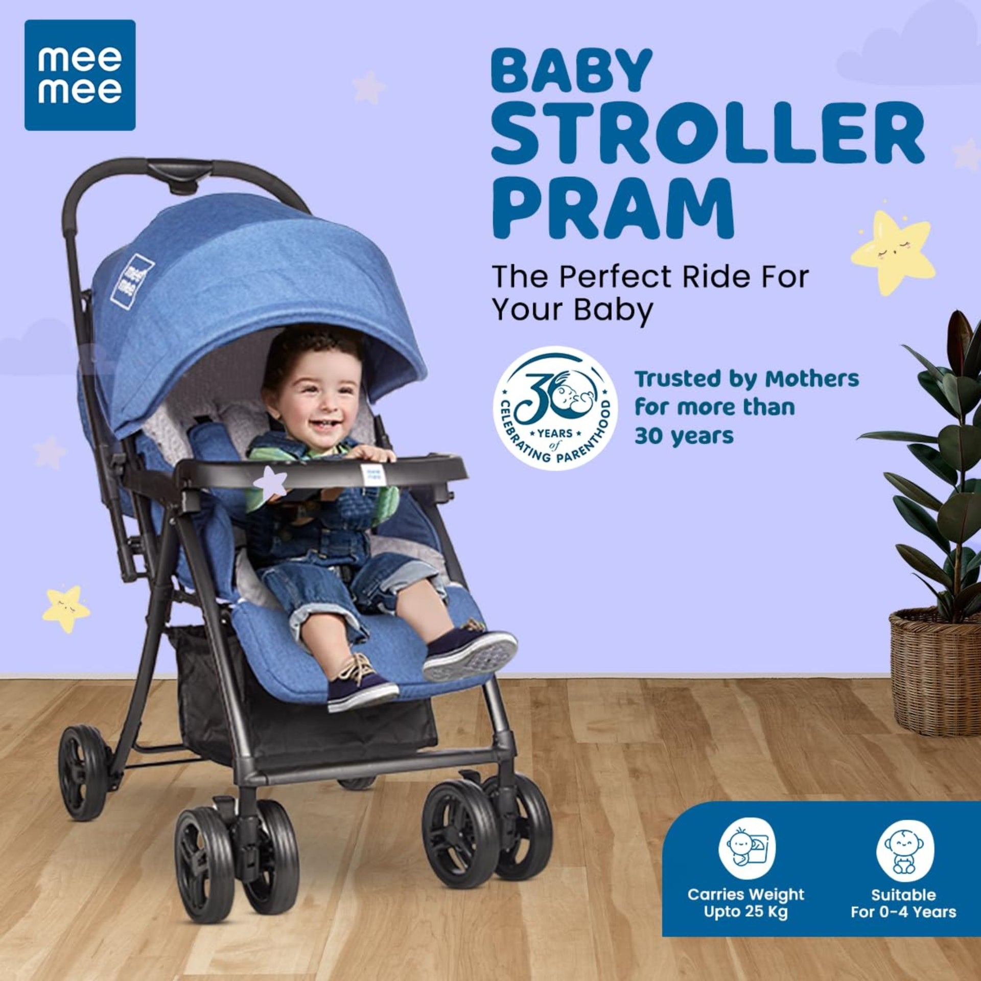 Mee Mee Easy to Push Baby Stroller Pram with Quick One Hand Folding | Comfortable Seating | Fully Rotating Wheels | Feeding Tray for New Born Baby/Kids, 0-4 Years, Navy Blue