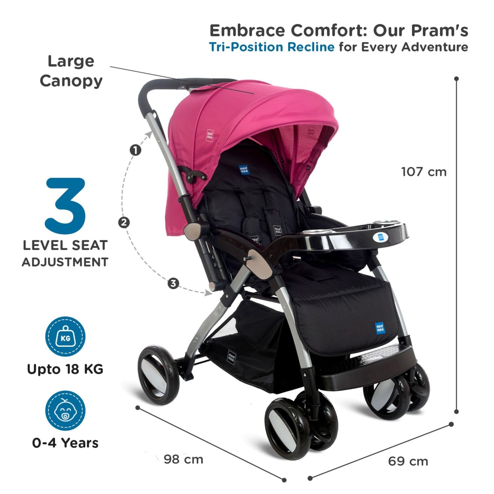 Mee Mee Dream Star Luxury Baby Stroller/Pram | 5 Point Safety Harness, One Hand Fold, Multi Level Recline Cushioned Seat, Canopy & Footrest | Fully Rotating Wheels for 0-3 Yrs