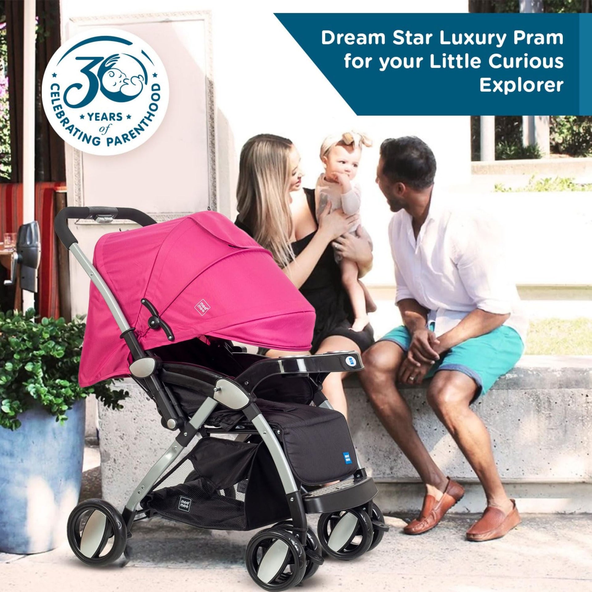 Mee Mee Dream Star Luxury Baby Stroller/Pram | 5 Point Safety Harness, One Hand Fold, Multi Level Recline Cushioned Seat, Canopy & Footrest | Fully Rotating Wheels for 0-3 Yrs