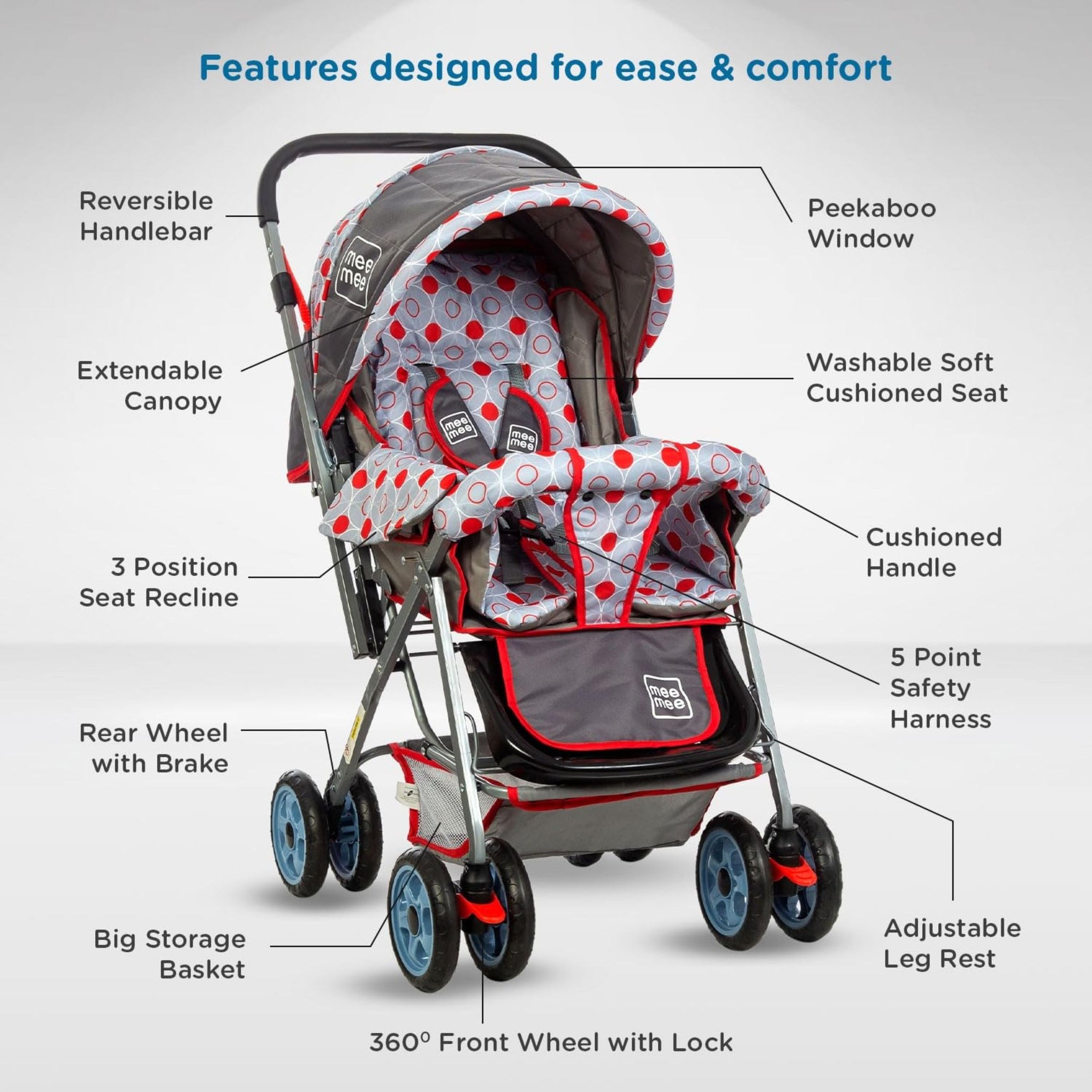 Mee Mee Little Explorer Baby Stroller/Pram for 0 to 3 Years, New Born/Kids, 5 Point Safety Harness, Adjustable backrest, 360 Swivel Wheel, Large Storage Basket, Reversible Handle