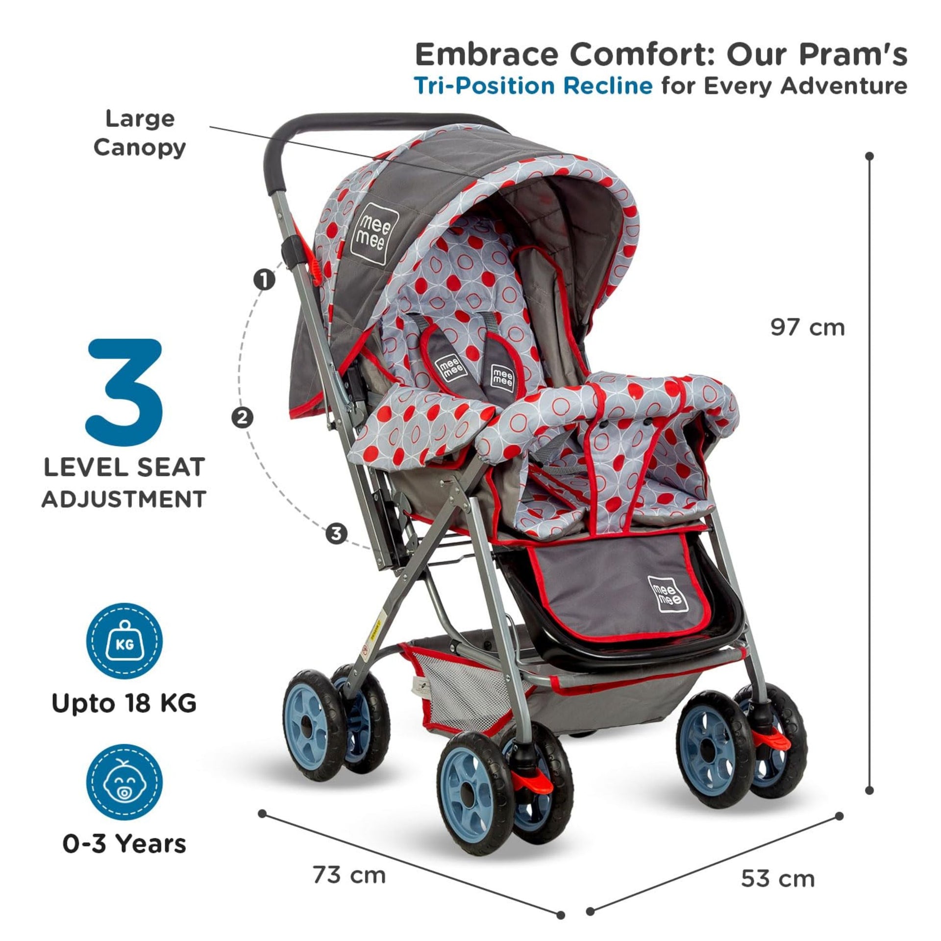 Mee Mee Little Explorer Baby Stroller/Pram for 0 to 3 Years, New Born/Kids, 5 Point Safety Harness, Adjustable backrest, 360 Swivel Wheel, Large Storage Basket, Reversible Handle