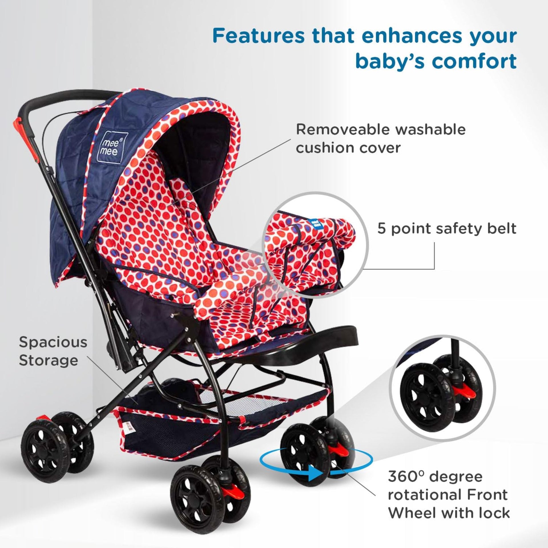 Mee Mee Baby Stroller/Pram for 0 to 3 Years | Adjustable Footrest | 360° Swivel Wheel | Reversible Handle | All Weather Canopy | Spacious Basket, 3 Recline Position Stroller (Red)