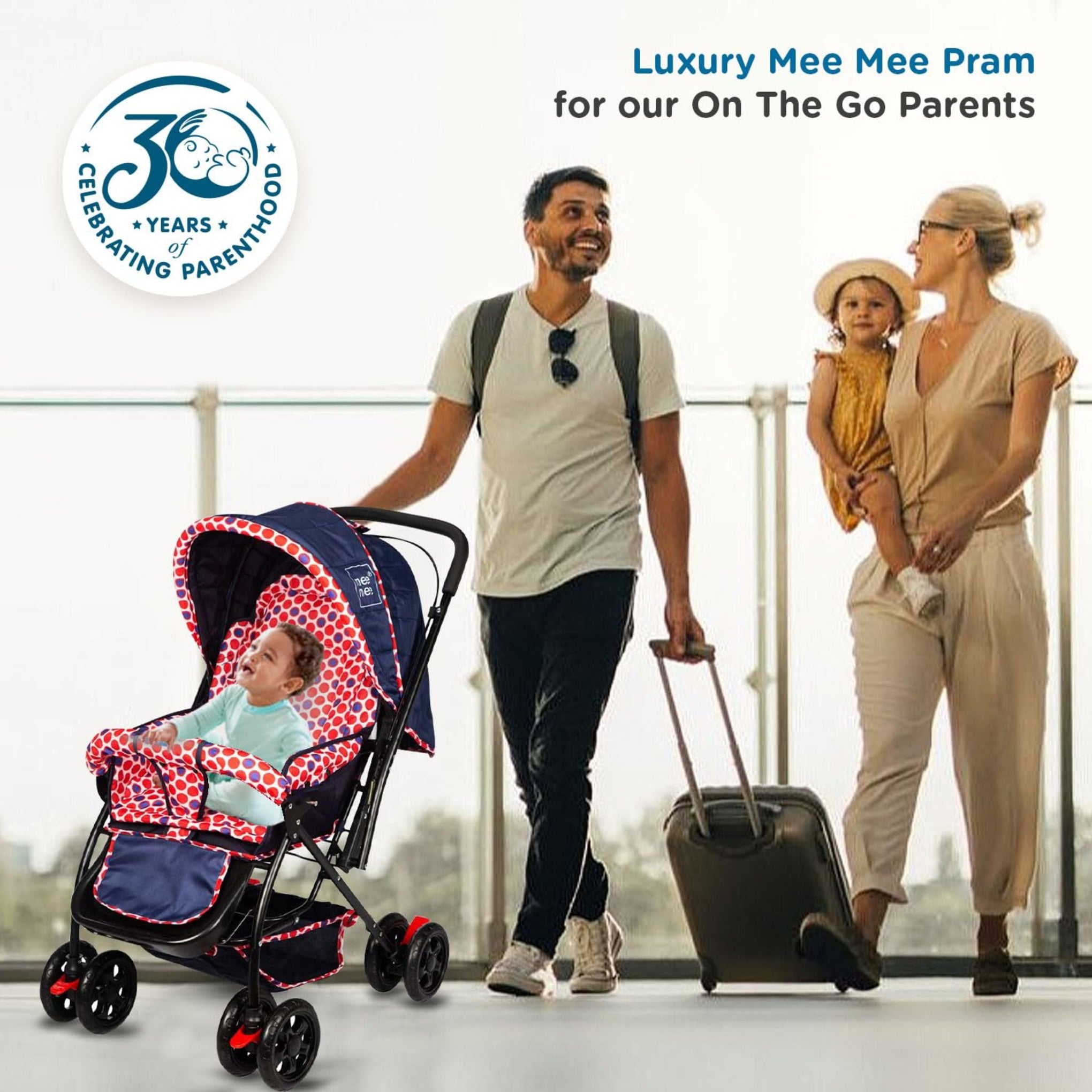 Mee Mee Baby Stroller/Pram for 0 to 3 Years | Adjustable Footrest | 360° Swivel Wheel | Reversible Handle | All Weather Canopy | Spacious Basket, 3 Recline Position Stroller (Red)