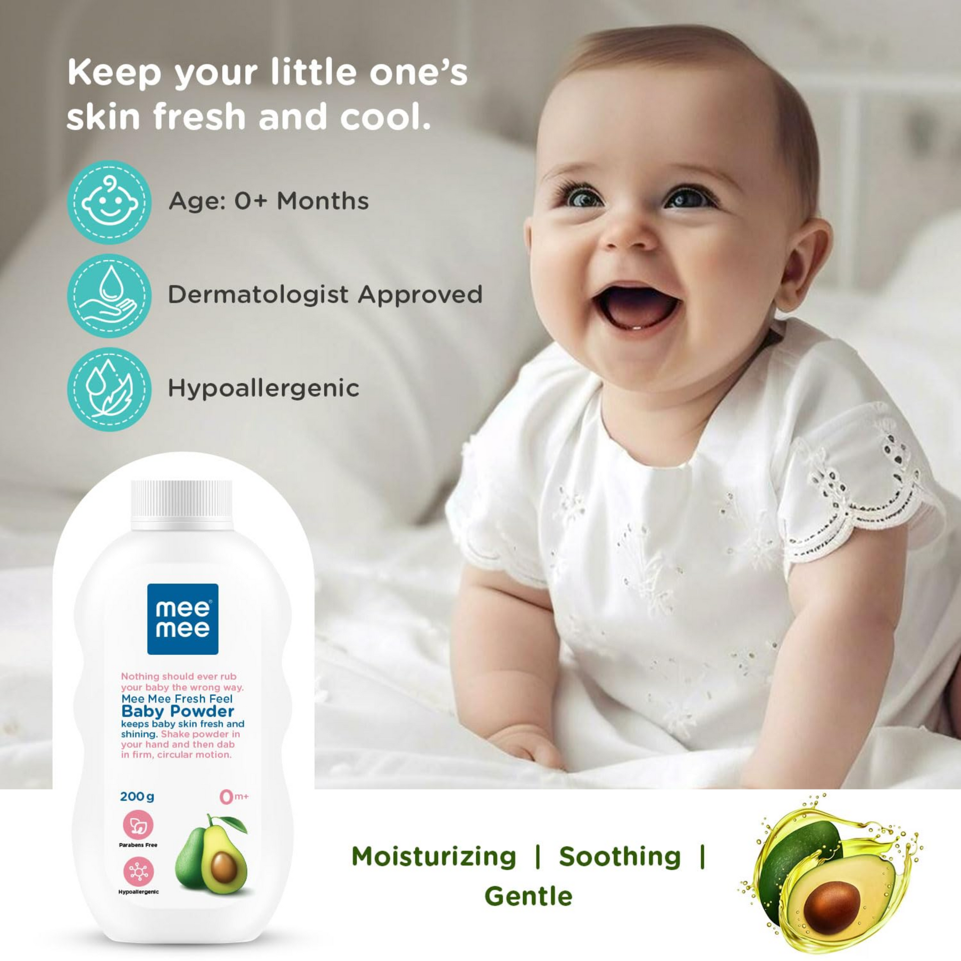 Mee Mee Infant Talcum Powder | Enriched with Avocado Oil | Dermatologist Approved | Rash-Resistant | Paraben-Free, 0m+ | (Fresh Sensation.