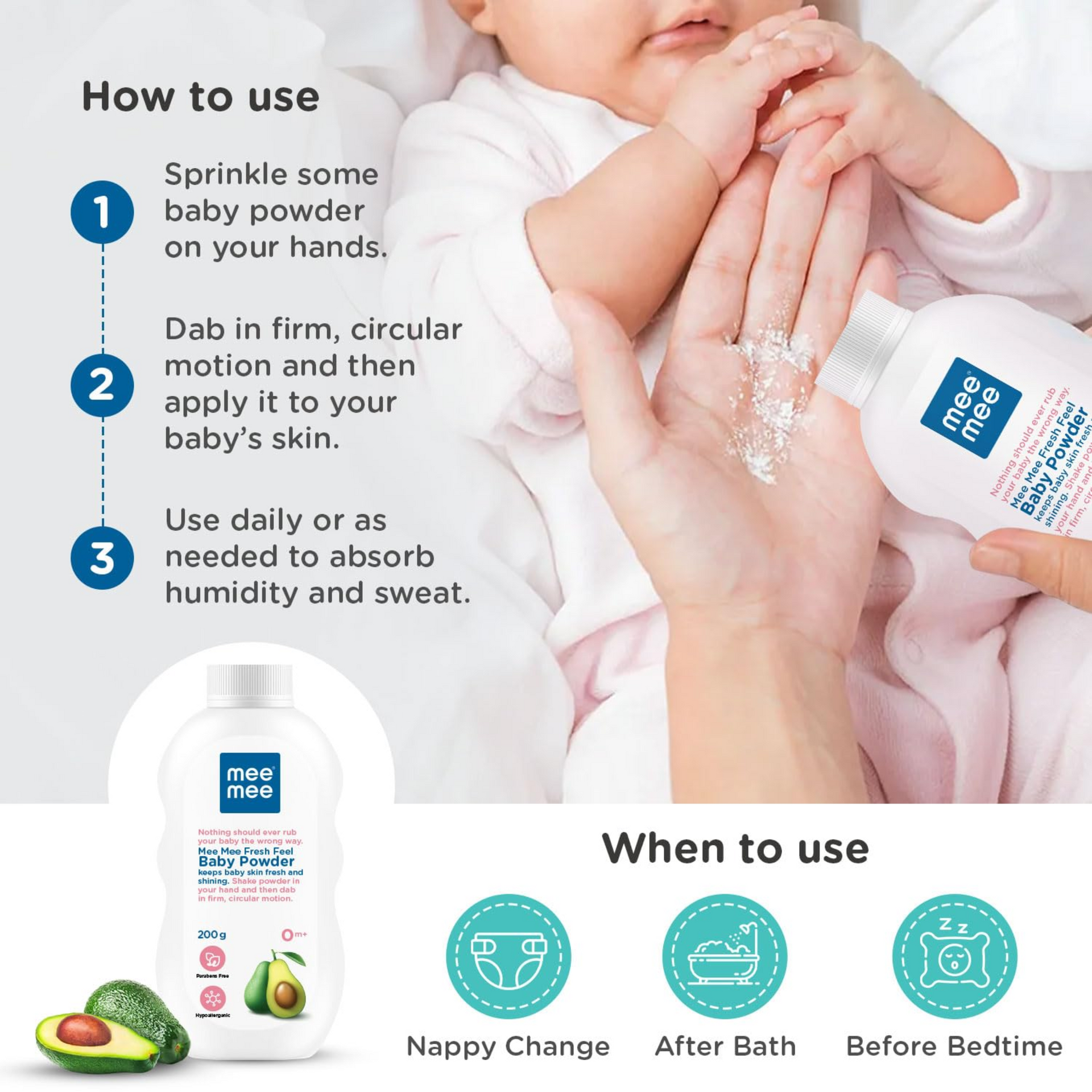 Mee Mee Infant Talcum Powder | Enriched with Avocado Oil | Dermatologist Approved | Rash-Resistant | Paraben-Free, 0m+ | (Fresh Sensation.