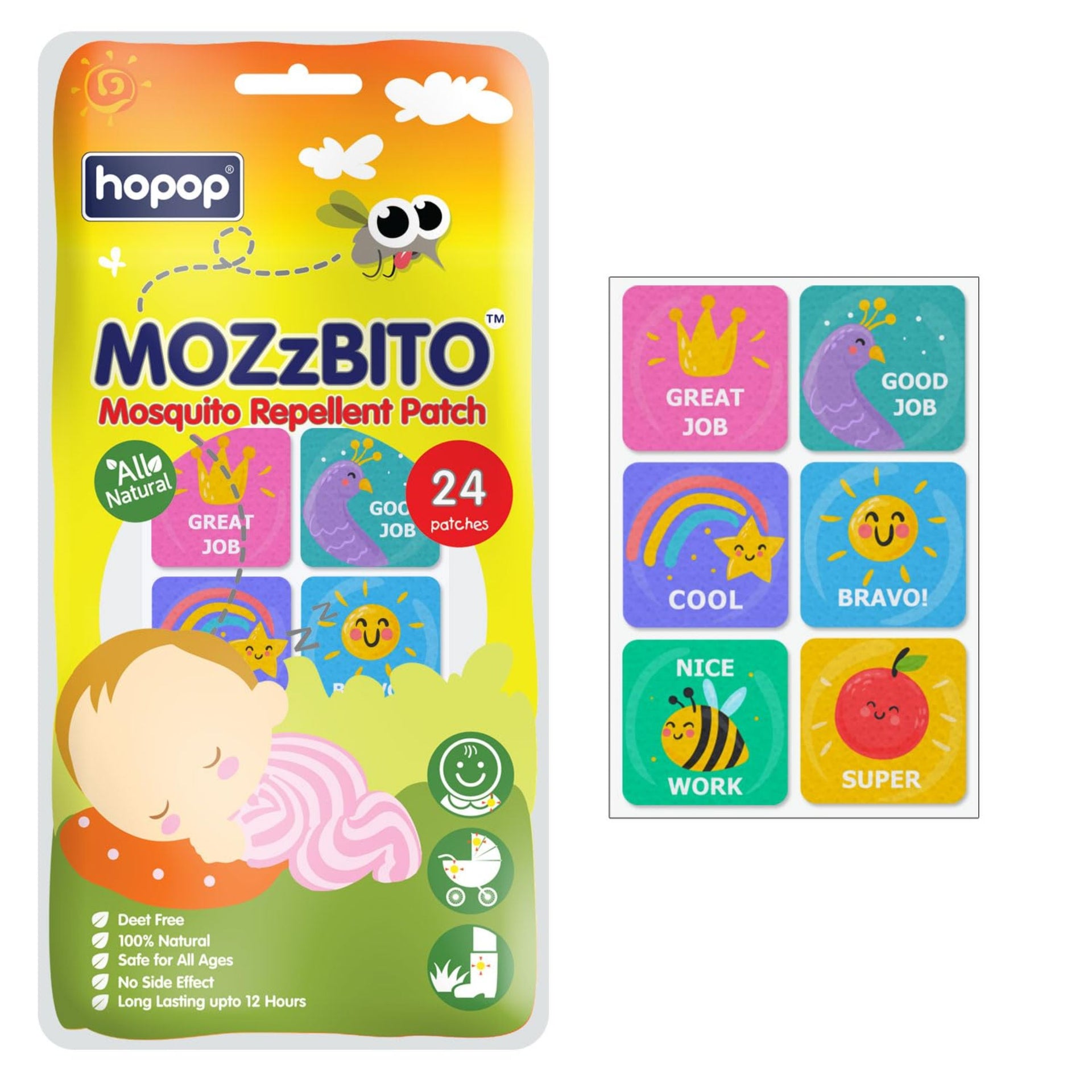 Hopop Mosquito Repellent Patches | MoZzbito 100% Natural Baby Mosquito Patches | Upto 12 Hour Protection Mosquito Sticker | Suitable for Kids & Adults | Deet Free | Pack of 24 |