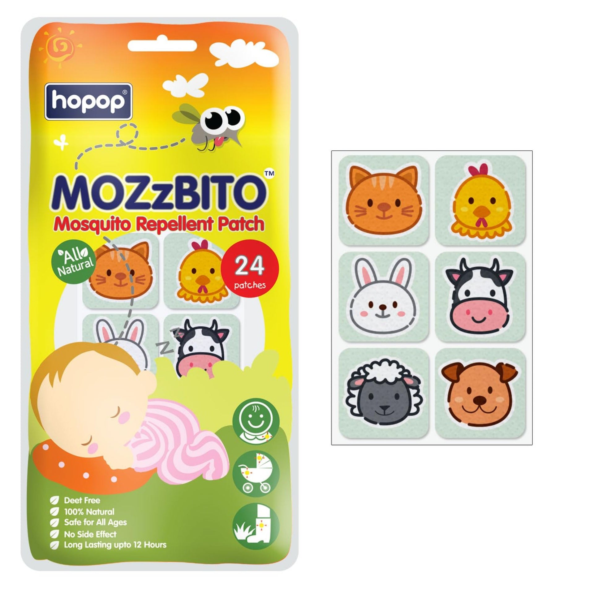 Hopop Mosquito Repellent Patches | MoZzbito 100% Natural Baby Mosquito Patches | Upto 12 Hour Protection Mosquito Sticker | Suitable for Kids & Adults | Deet Free | Pack of 24 |