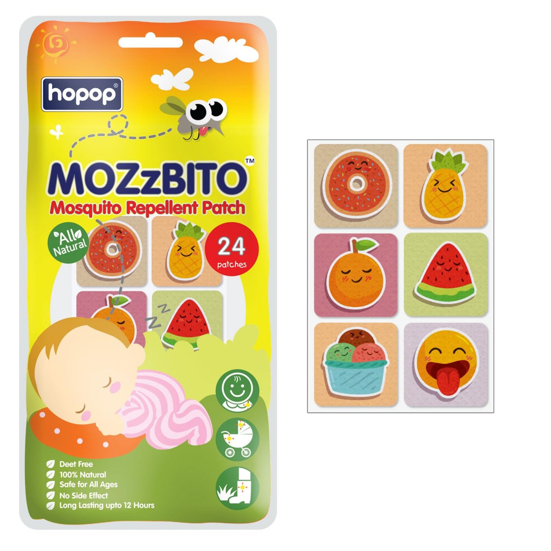 Hopop Mosquito Repellent Patches | MoZzbito 100% Natural Baby Mosquito Patches | Upto 12 Hour Protection Mosquito Sticker | Suitable for Kids & Adults | Deet Free | Pack of 24 |