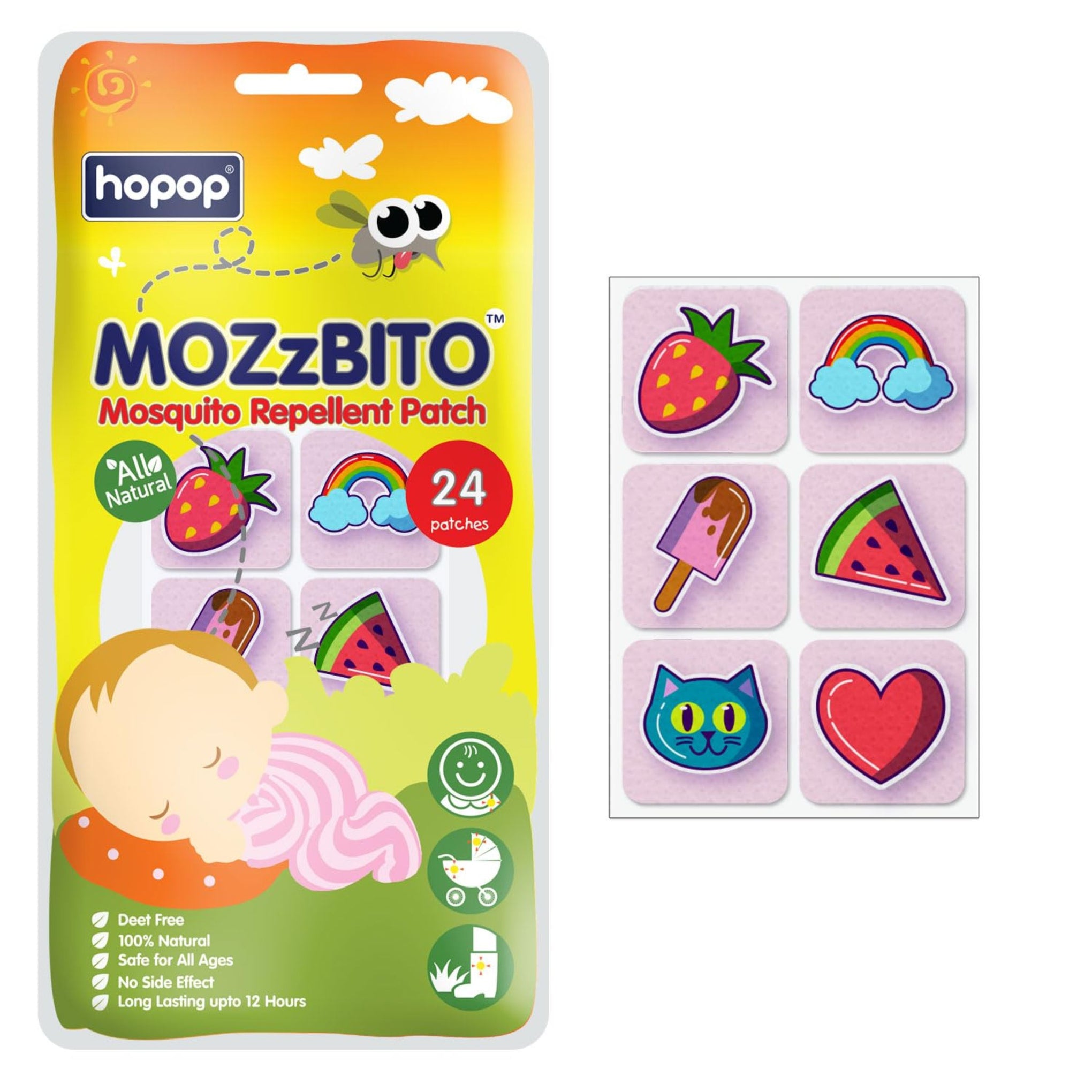 Hopop Mosquito Repellent Patches | MoZzbito 100% Natural Baby Mosquito Patches | Upto 12 Hour Protection Mosquito Sticker | Suitable for Kids & Adults | Deet Free | Pack of 24 |