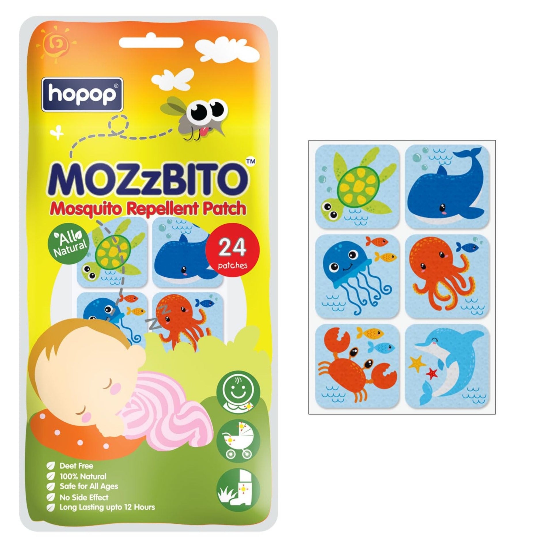 Hopop Mosquito Repellent Patches | MoZzbito 100% Natural Baby Mosquito Patches | Upto 12 Hour Protection Mosquito Sticker | Suitable for Kids & Adults | Deet Free | Pack of 24 |