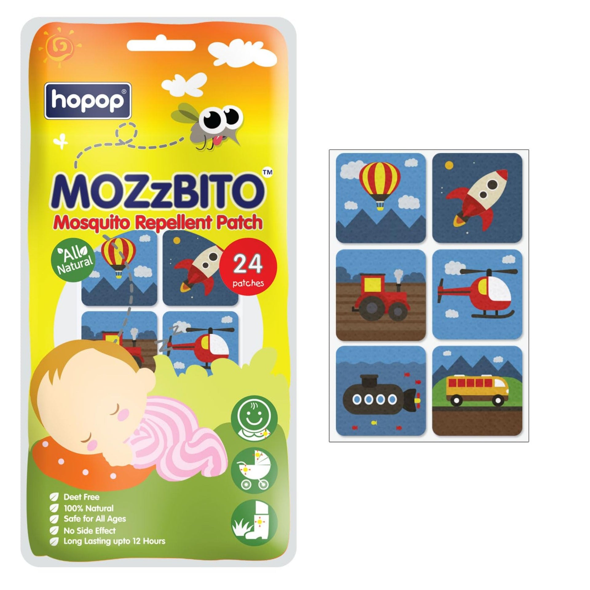 Hopop Mosquito Repellent Patches | MoZzbito 100% Natural Baby Mosquito Patches | Upto 12 Hour Protection Mosquito Sticker | Suitable for Kids & Adults | Deet Free | Pack of 24 |