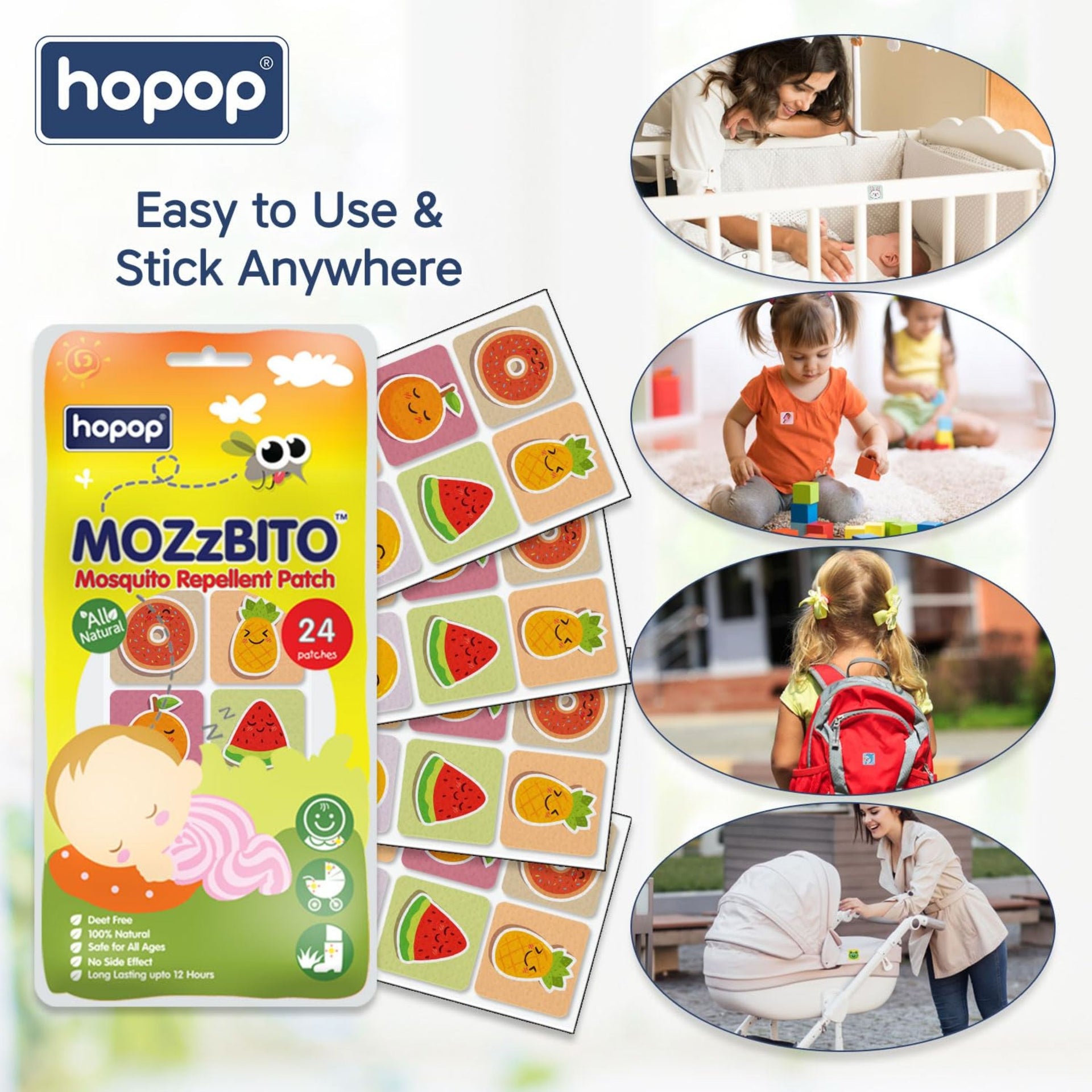 Hopop Mosquito Repellent Patches | MoZzbito 100% Natural Baby Mosquito Patches | Upto 12 Hour Protection Mosquito Sticker | Suitable for Kids & Adults | Deet Free | Pack of 24 |