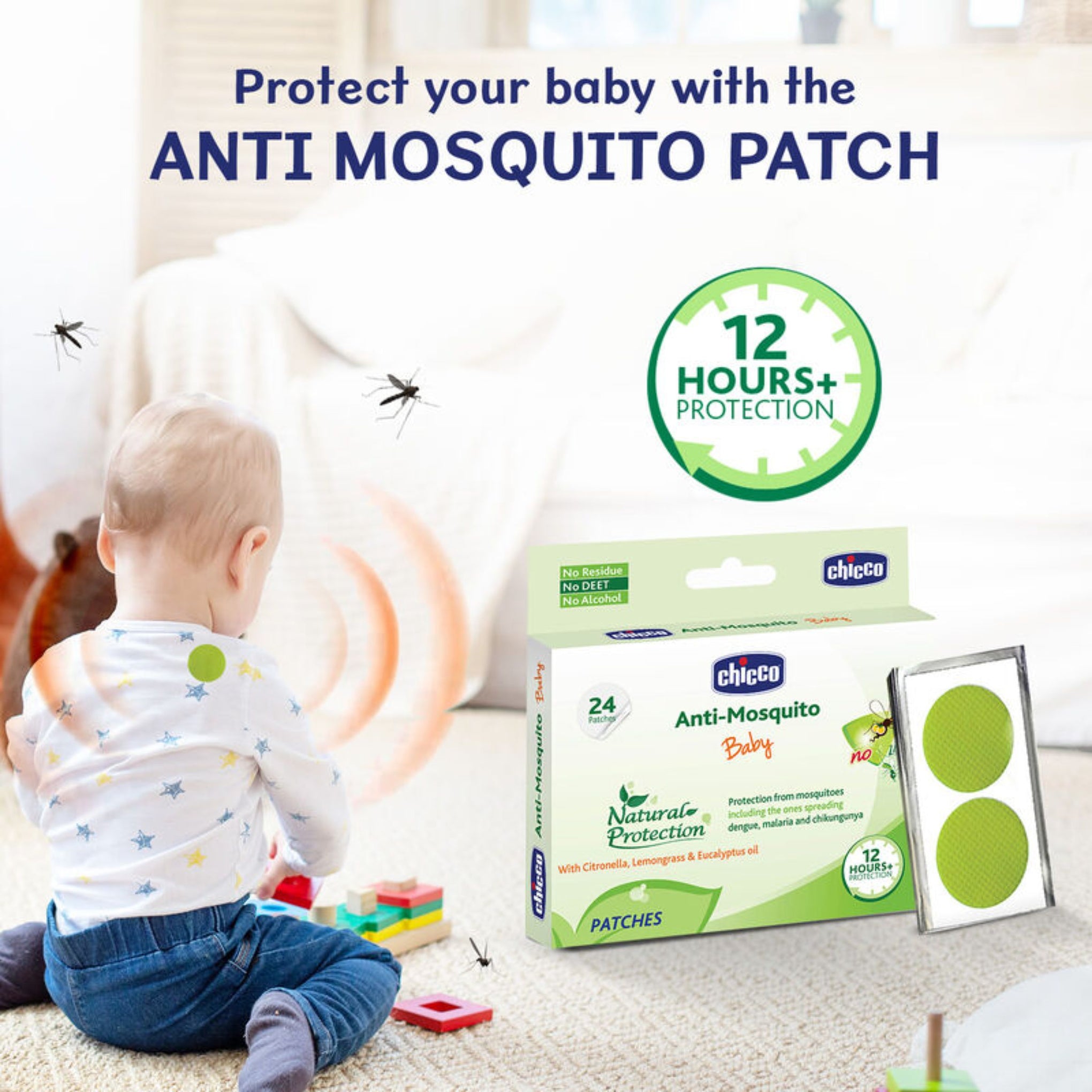 Chicco Anti-Mosquito Patches for Babies, 24 count | Natural Protection from Disease Spreading Mosquitoes | 12 Hours of Protetcion | Free from DEET, Alcohol and Stains