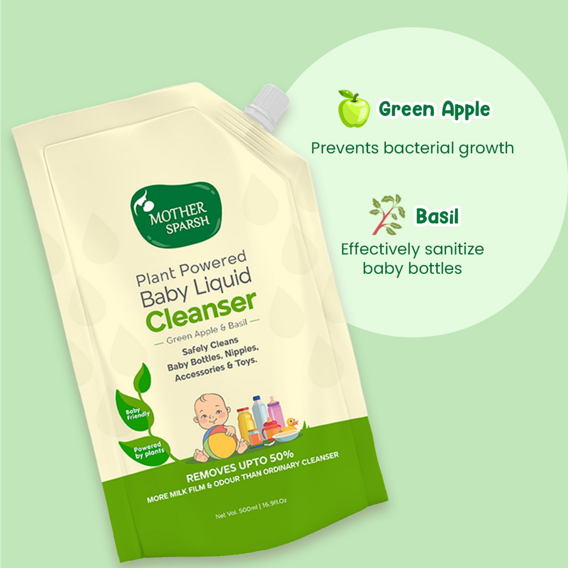 Mother Sparsh Natural Baby Liquid Cleanser (Powered by Plants) Cleanser for Baby Bottles, Nipples, Accessories and Toys, Refill Pack (500ml)