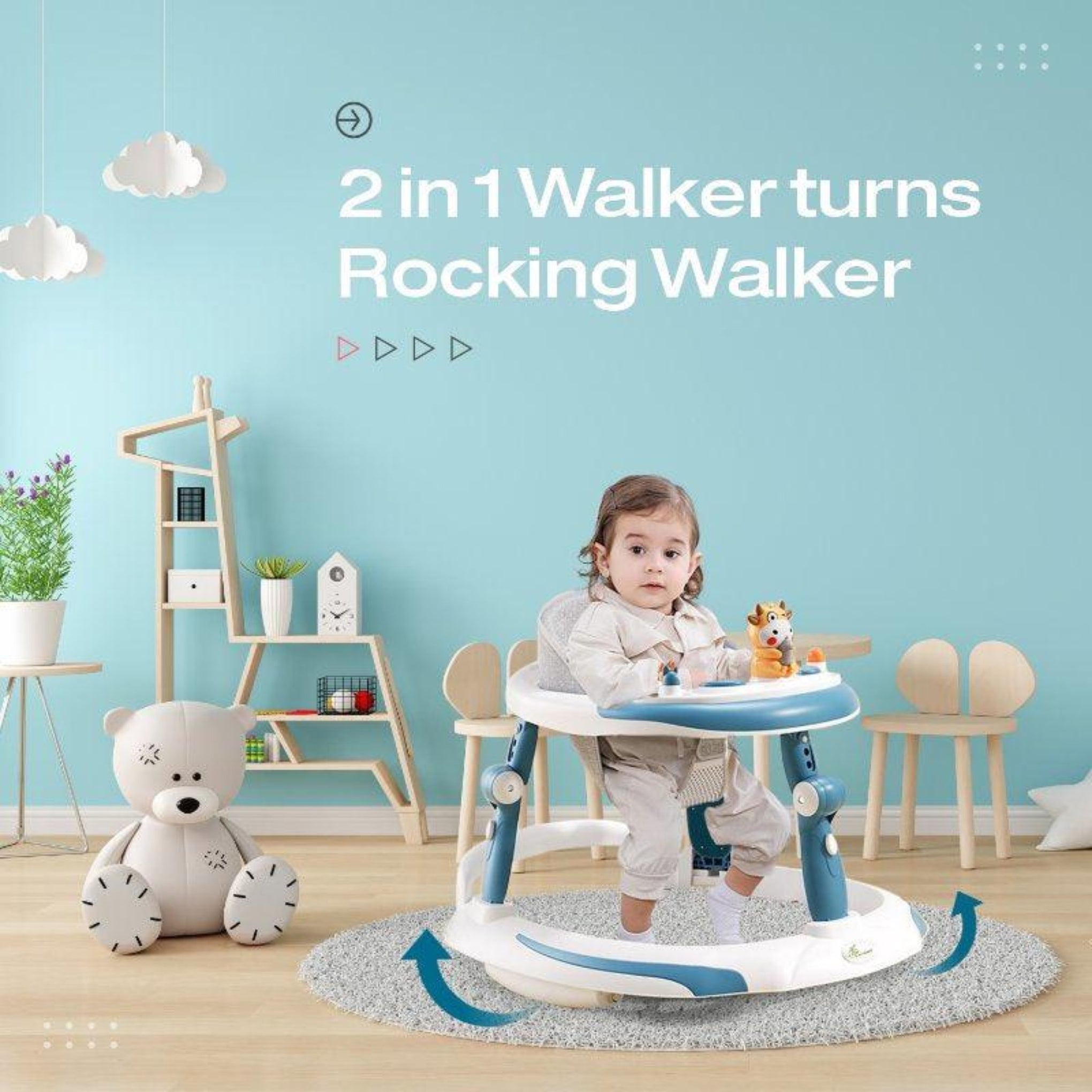 R for Rabbit Little Feet Plus Walker - Detachable Toy Bar/Meal Tray With Music & Light, 3 Level Height/ 4 Level Seat Adjustment, 2-in-1 Walker cum Rocker(Blue)