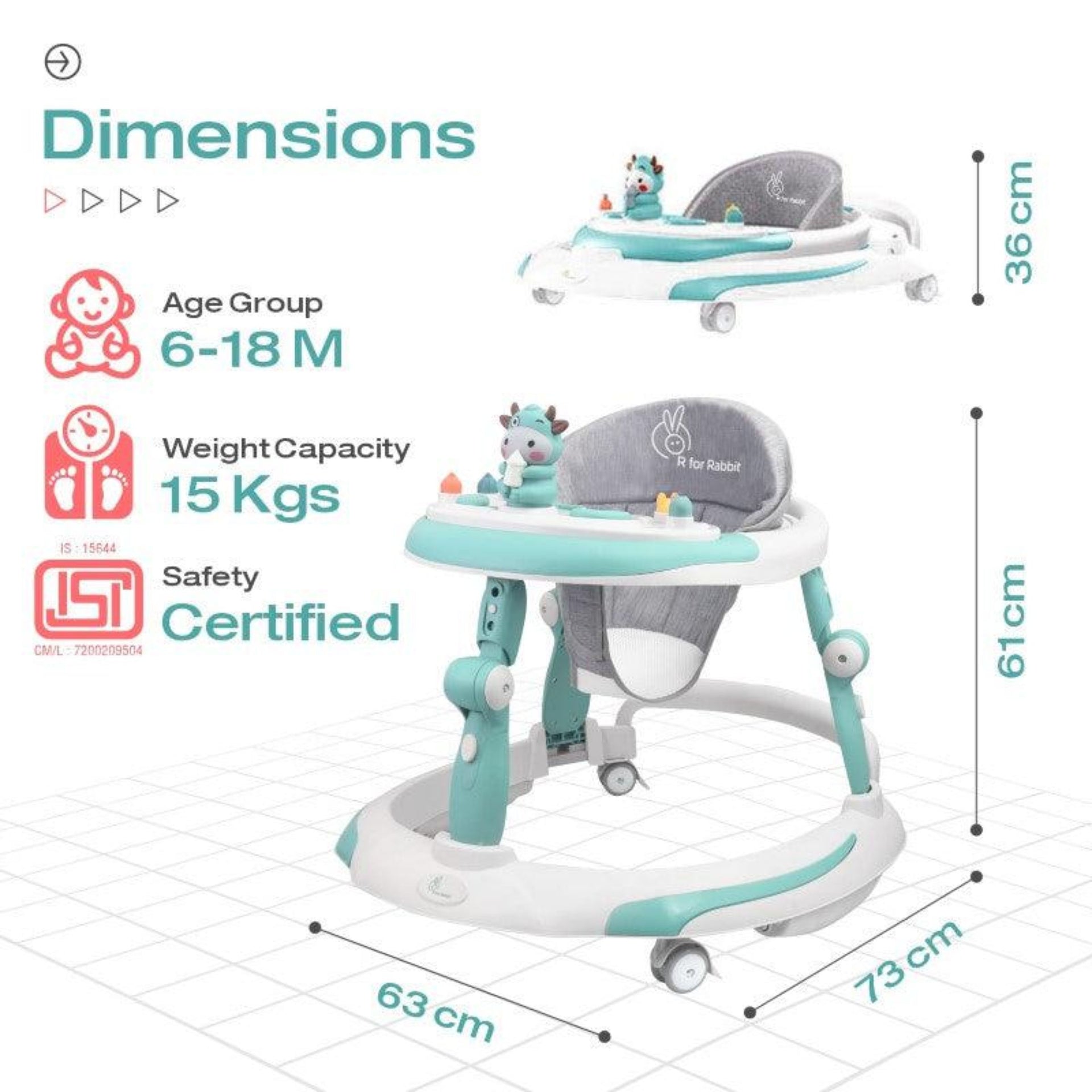 R for Rabbit Little Feet Plus Baby Walker Cum Rocker 3 Level Height Adjustment and 4 Level Seat Adjustment for Baby 6-18 Months with Recreational Toy Bar - (Green)