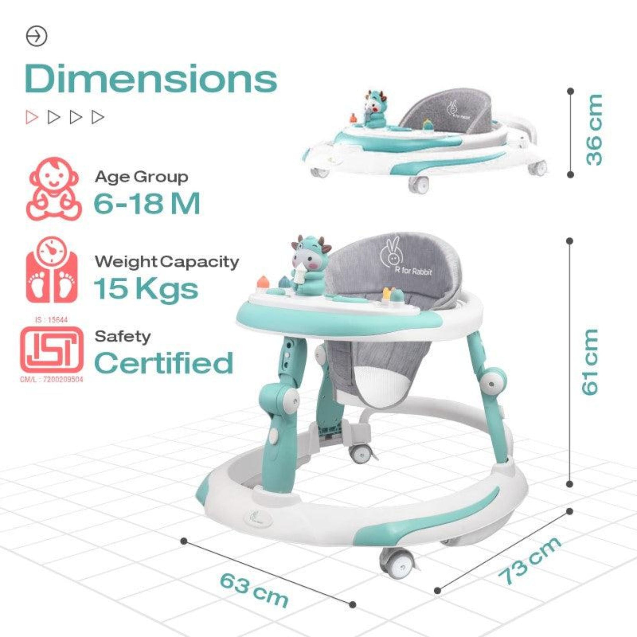 R for Rabbit Little Feet Plus Baby Walker Cum Rocker 3 Level Height Adjustment and 4 Level Seat Adjustment for Baby 6-18 Months with Recreational Toy Bar - (Green)