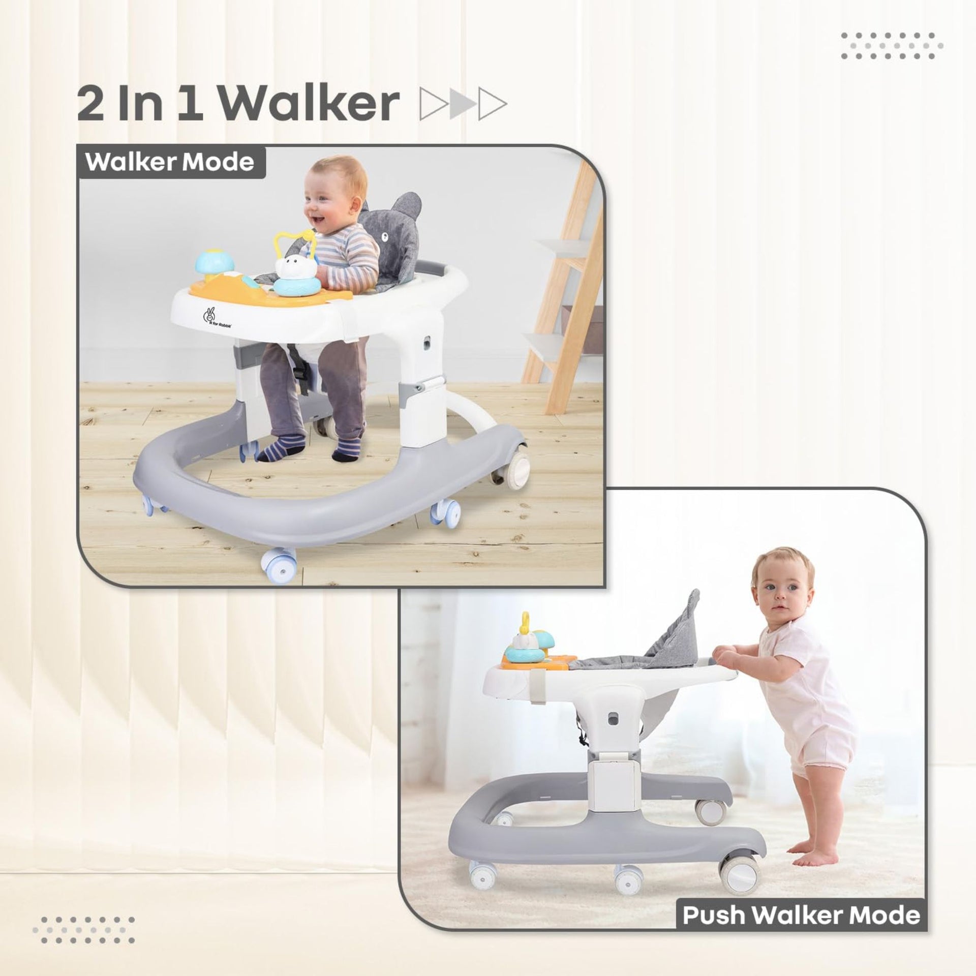 R for Rabbit Little Feet Sportz Baby Walker for Kids 9 to 18 Months for boy Girl Push Activity Walker with Music | (Grey White)